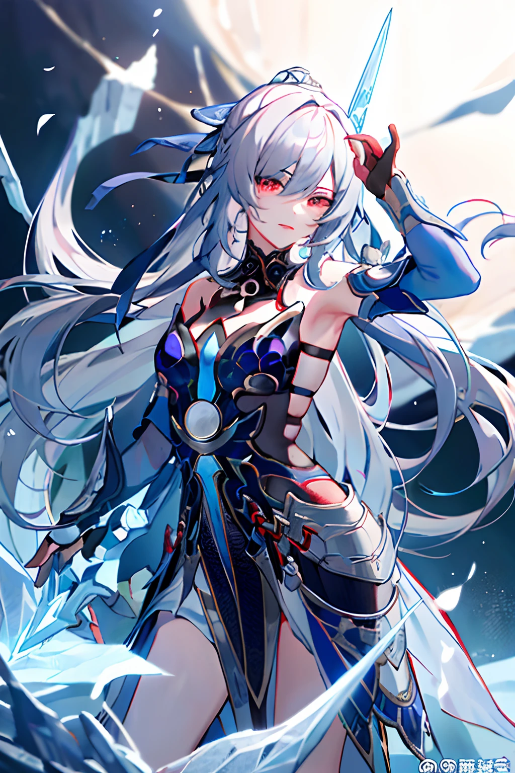 (Masterpiece:1.2, Best quality), 1lady,solo，1girll, Jing Liu,  Blue mechanic armor，Ice sword, White colored hair，red eye，Posing with ice sword ，Look at the other person，sharp