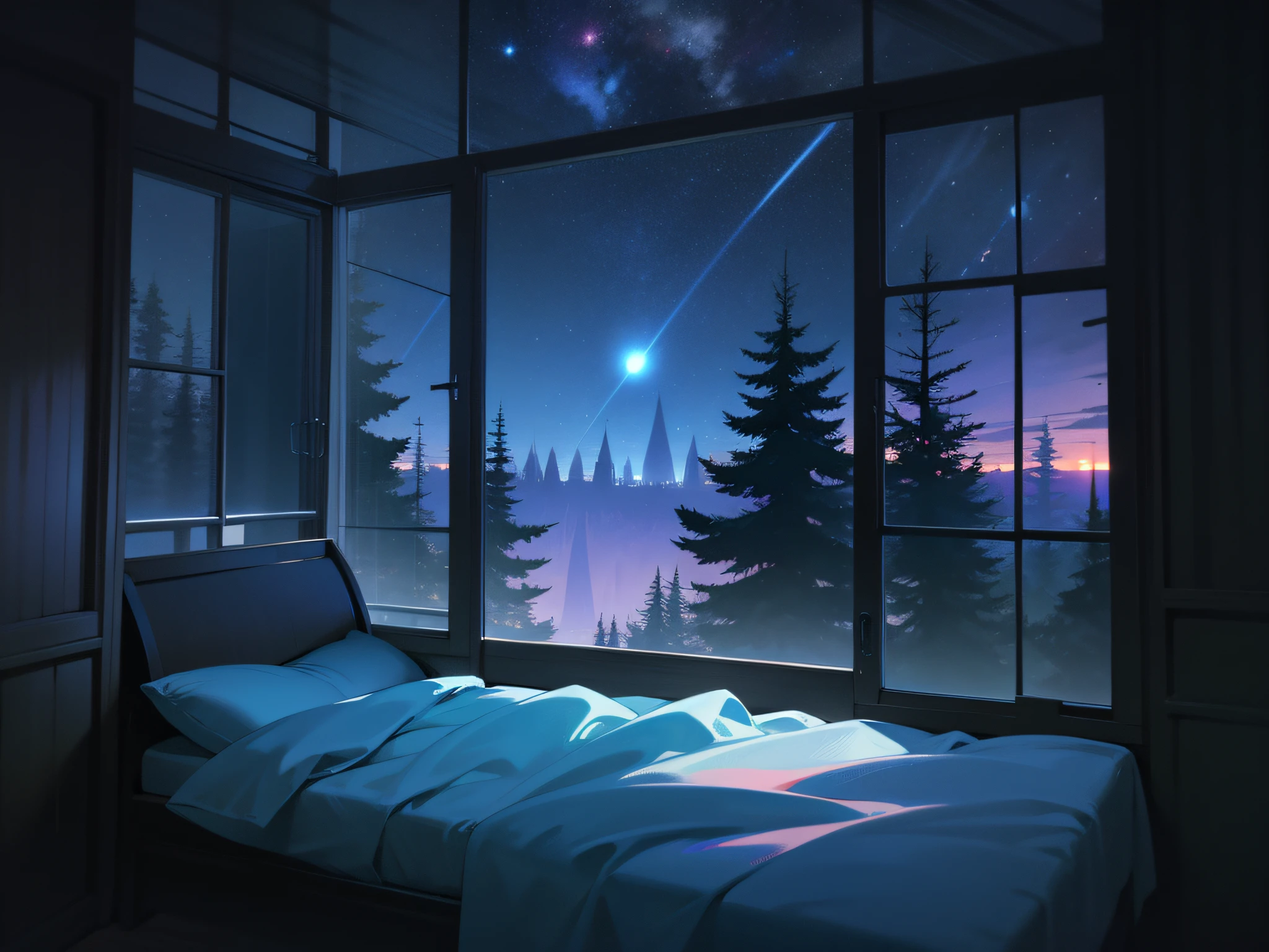 SeaArt Bot Txt2Img SeaArt 2.0 21:37:24 High image quality、4K、Room with large windows、Large bedroom、starrysky、Starry sky、grand、conifer、Big forest outside the window、deep in the night、darkened room、Bedroom、futon bedding、kosmos、Starry sky seen from the window、Shadow of a person、One young man、silhuette、Fantastical、total darkness、dark sky、stele、The electricity is turned off、Inorganic room、Man Standing Outside The Window、Inorganic room、