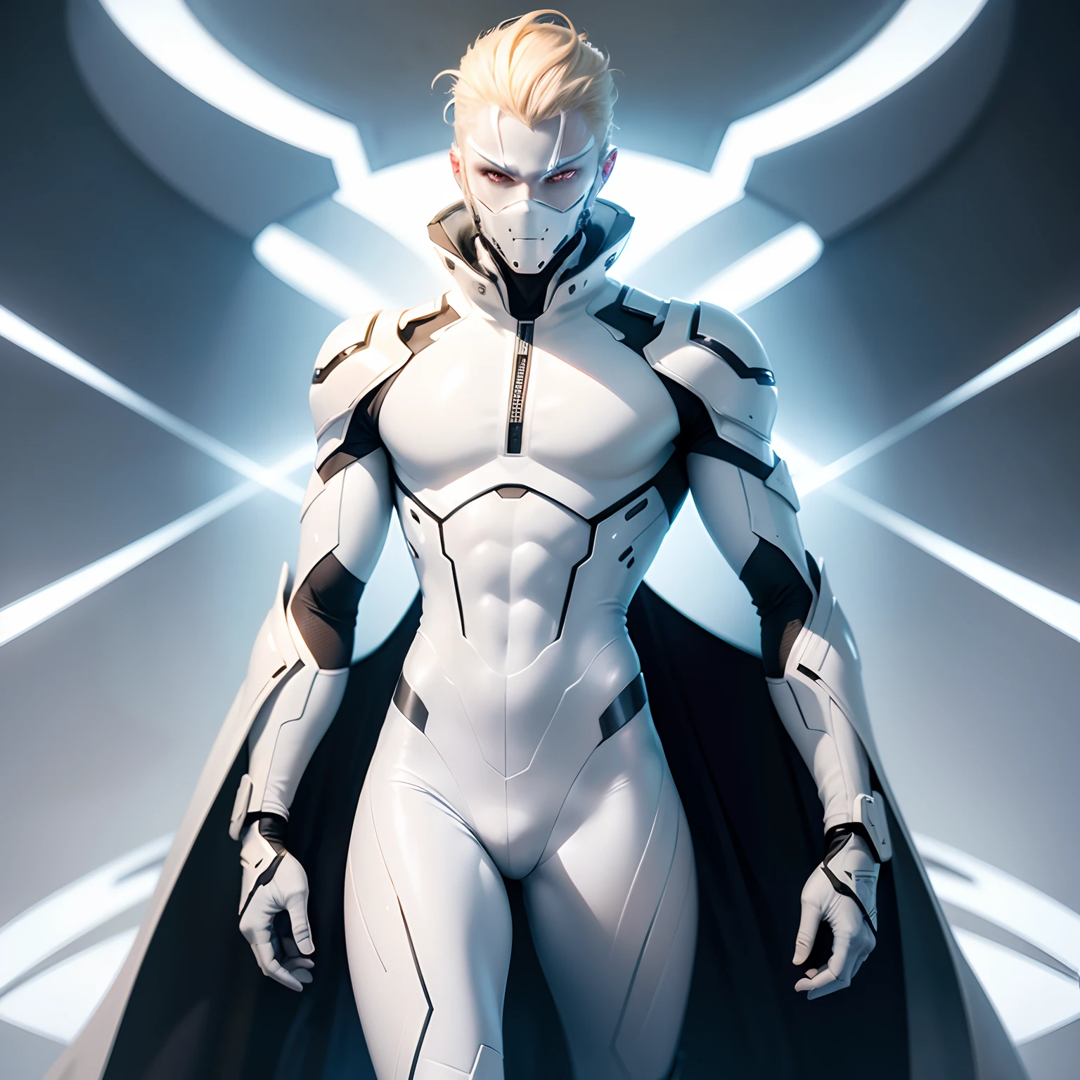 (futuristic, sci fi)Male in all white body suit, blonde hair, white gaunlets, full body suit, hands visible, hair visible, pale skin, beautiful face, masterpiece, white futuristic mask covering mouth, eyes visible, evil intent, weapon in hand, soldiers in background, weapon visible