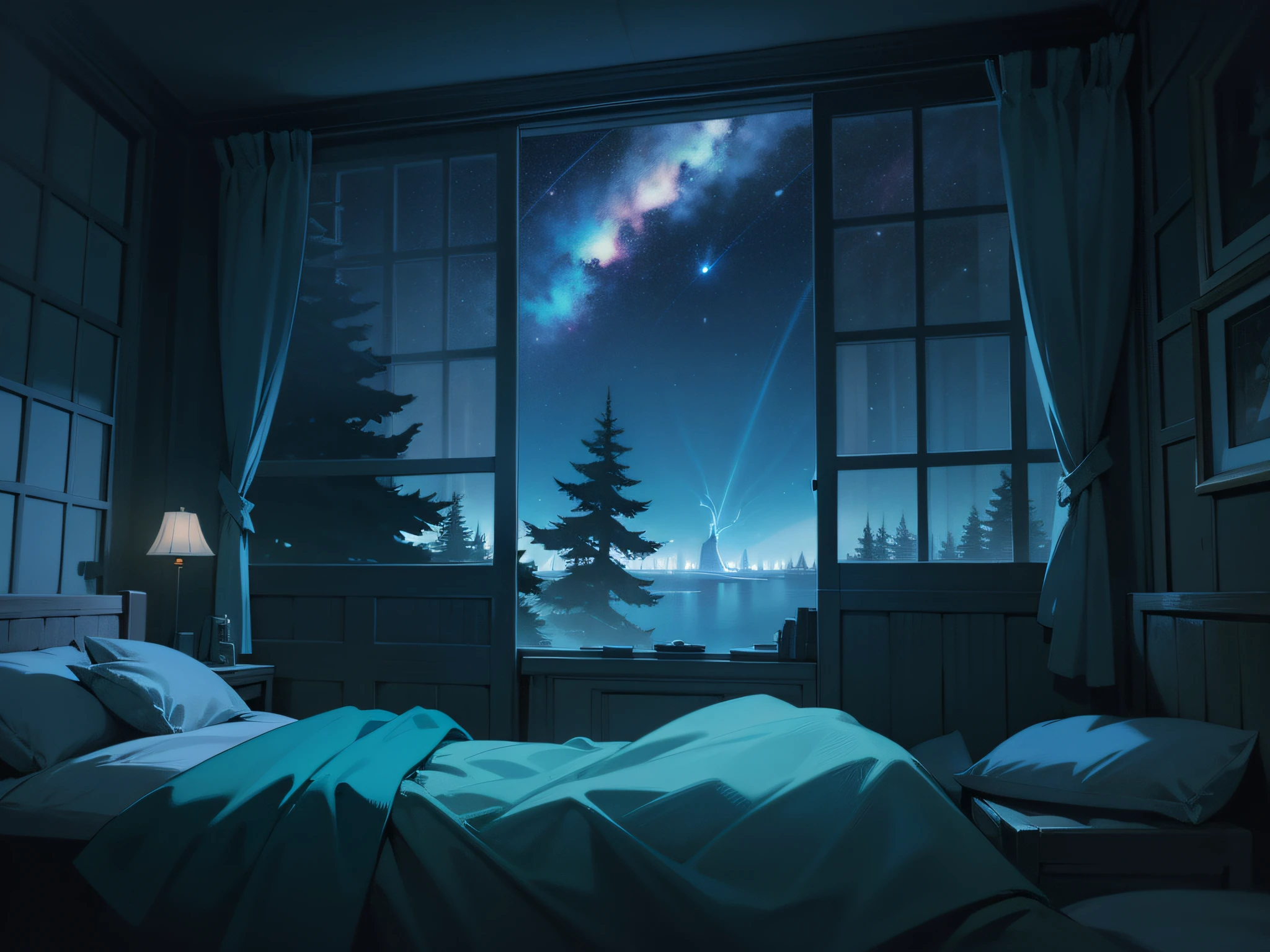 SeaArt Bot Txt2Img SeaArt 2.0 21:37:24 High image quality、4K、Room with large windows、Large bedroom、starrysky、Starry sky、grand、conifer、Big forest outside the window、deep in the night、darkened room、Bedroom、futon bedding、kosmos、Starry sky seen from the window、Shadow of a person、One young man、silhuette、Fantastical、total darkness、dark sky、stele、The electricity is turned off、Inorganic room、Man Standing Outside The Window、Inorganic room、