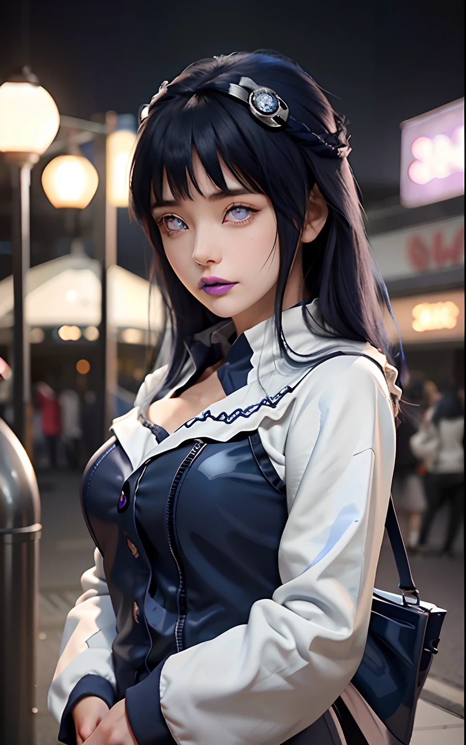 a close up of a person with long hair and a hoodie, hinata hyuga, hinata hyuga from naruto, from naruto, as an anime character, perfect anime face, she has dark blue hair with bangs, female anime character, anime character, anime best girl, hime cut hairstyle, dark blue hair, (red glossy lips:1.3), light purple eyes, big breasts, realistic, ultra detail
