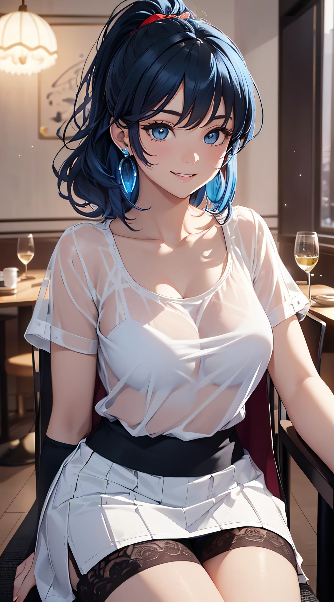 top-quality、Top image quality、​masterpiece、girl with((18year old、Best Bust、Medium bust、Bust 85,Beautiful blue eyes、Breasts wide open,Black Short Sleeve T-Shirt、White see-through、Black short skirt、Ponytail with black hair、Smile Face、Beautiful blue earrings、A slender、Blue hair mesh、sparking eyes,sit a chair、Meet your audience face-to-face、Leaning forward in front of a table)）hiquality、Beautiful Art、Background with((Red and blue lighting、Stylish restaurant at night、Stylish table、White Wine Bottle、White Wine Glasses)),masutepiece、Elaborate design、visualart、depth of fields、The best lighting、highestdetailed、8ｋ