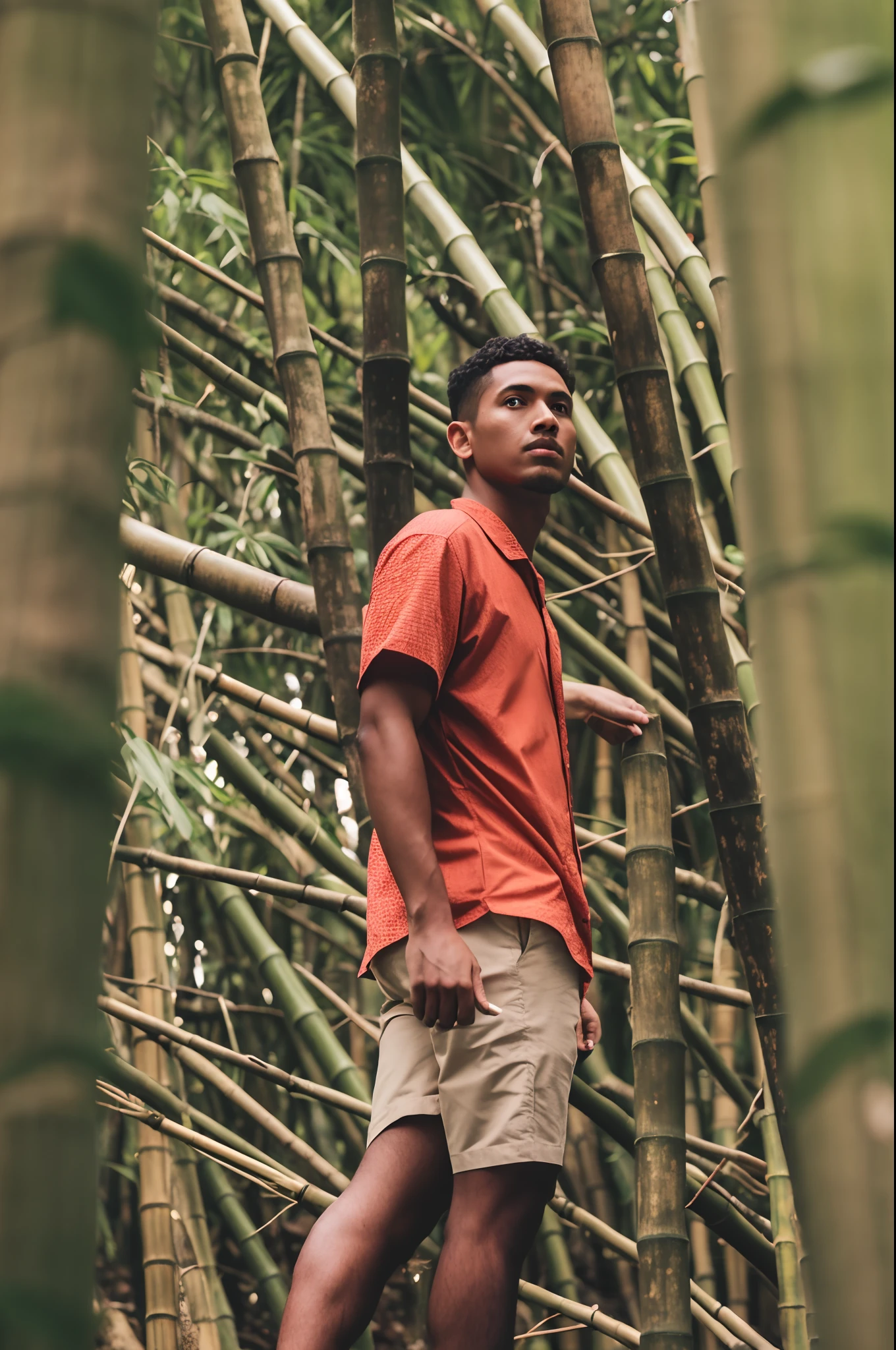 There's a man standing in a bamboo forest with a stick, Retrato a mitad de plano, En medio de la naturaleza, in a bamboo forest, bamboo, exploration, Walking in a bamboo forest, cinematic Still, frente a un fondo forestal, outlive streetwear collection, en la selva, in a jungle environment, en una jungla, young male with cane, Standing in a forest