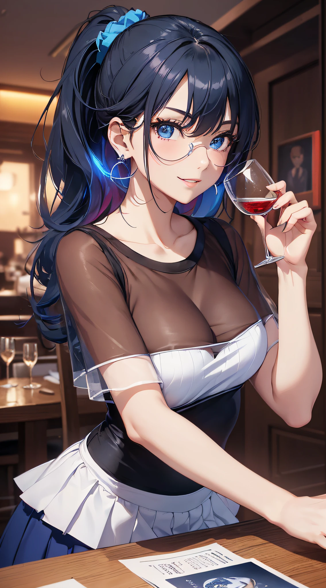 top-quality、Top image quality、​masterpiece、girl with((18year old、Best Bust、Medium bust、Bust 85,Beautiful blue eyes、Breasts wide open,Black Short Sleeve T-Shirt、White see-through、Black short skirt、Ponytail with black hair、Smile Face、Beautiful blue earrings、A slender、Blue hair mesh、sparking eyes,sit a chair、Meet your audience face-to-face、Leaning forward in front of a table)）hiquality、Beautiful Art、Background with((Red and blue lighting、Stylish restaurant at night、Stylish table、White Wine Bottle、White Wine Glasses)),masutepiece、Elaborate design、visualart、depth of fields、The best lighting、highestdetailed、8ｋ