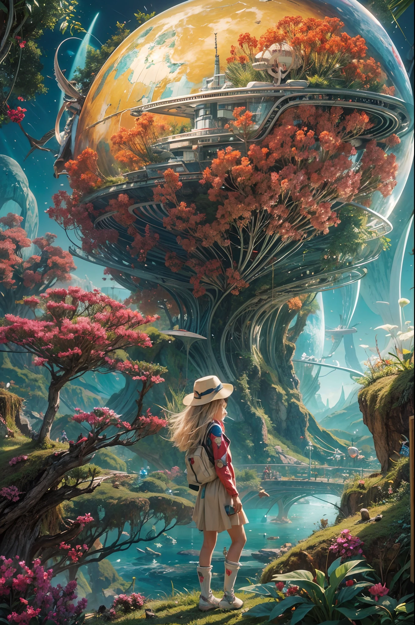 "A young girl with a sense of wonder explores an alien planet with vibrant chrome vegetation. The surreal landscape and flora create a stunning juxtaposition in a space-age paradise.