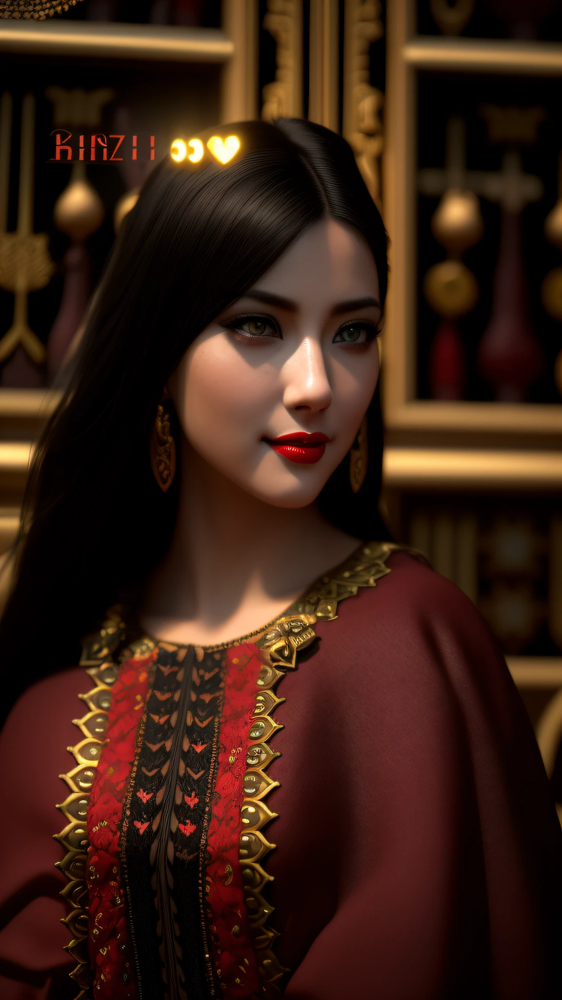 (((Full Body View))), (Highly Detailed, HD), high octane, 8k, high res, Beautiful, Stunning, Character, dramatic lighting, young adult, woman, feminine features, sexy pose, seductive expression, (smile), (demon), wearing a lowcut revealing black silk dress, interior, stained glass window, red lipstick, by alphonse mucha and artgerm, (realistic face), sharp focus, depth of field, (Symmetrical Detailed Eyes), masterpiece, best quality, 3d, photorealistic, high quality textures