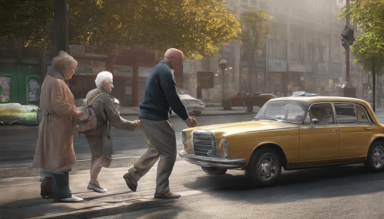 A person helping an elderly person cross the street.