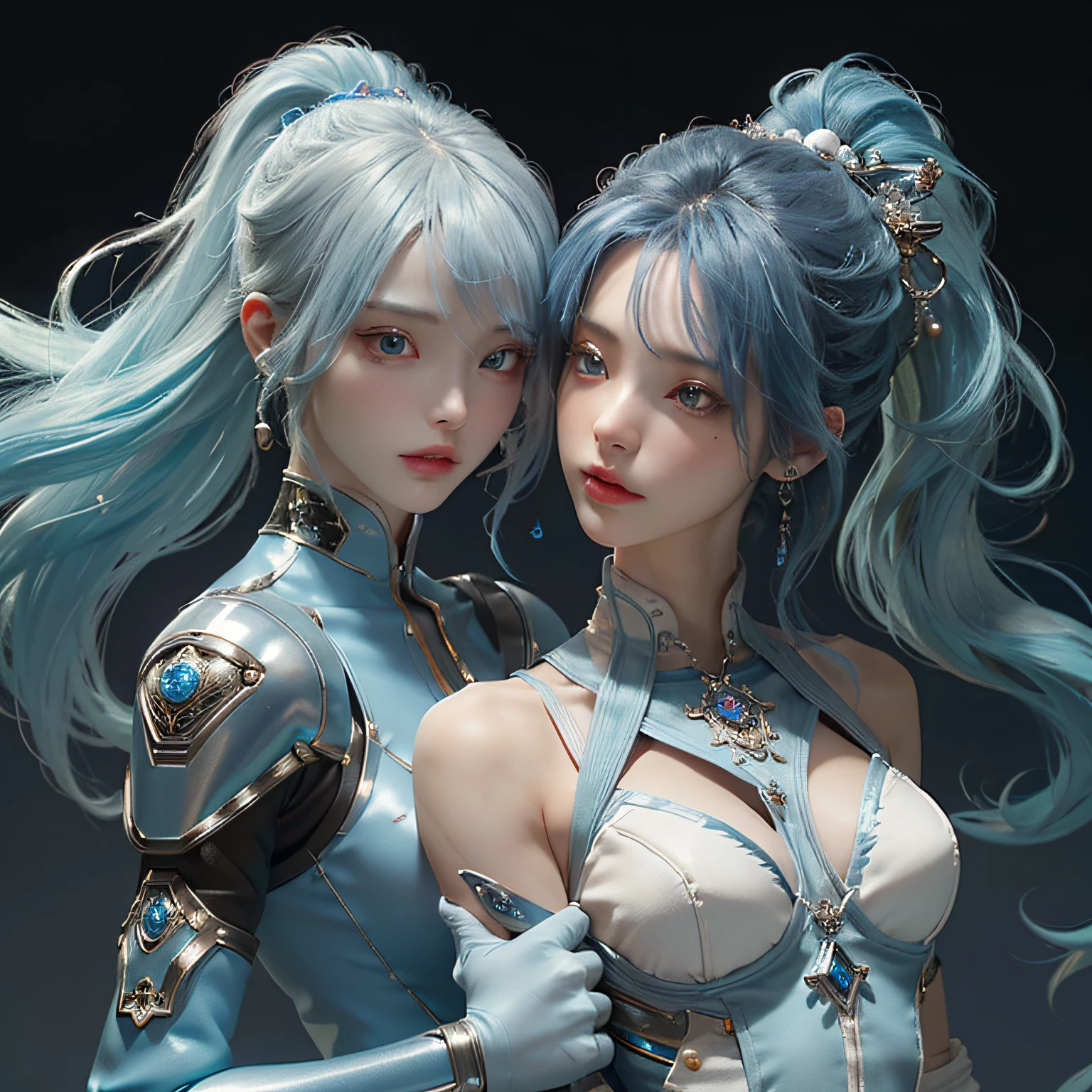 masterpiece、hightquality、。.。.。.。.。.。.。.。.。.。.。.3D、8K CG、intricate detailes、细致背景、Sacred。ornament detached, Dylan Kowalski, student, ((2girls)), The upper part of the body, musculature, Skindentation, looking to side, Light blue hair、length hair, Mechanical arm, synthetic skin, porcelain, pearls, Holographic, Titanium, Diamonds, ruby, sapphires, Pedras preciosas, Clockwork, grunge, worn edges, s Armor, Beautiful breasts、Twin-tailed hairstyle、