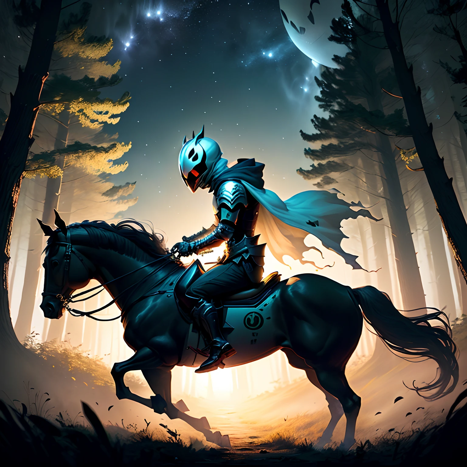 transparent Ghost rider easy rider Headless Knight Sleepy Hollow Headless Knight Knight with only body Riding a horse through the dark night In the forest --ar 1:1