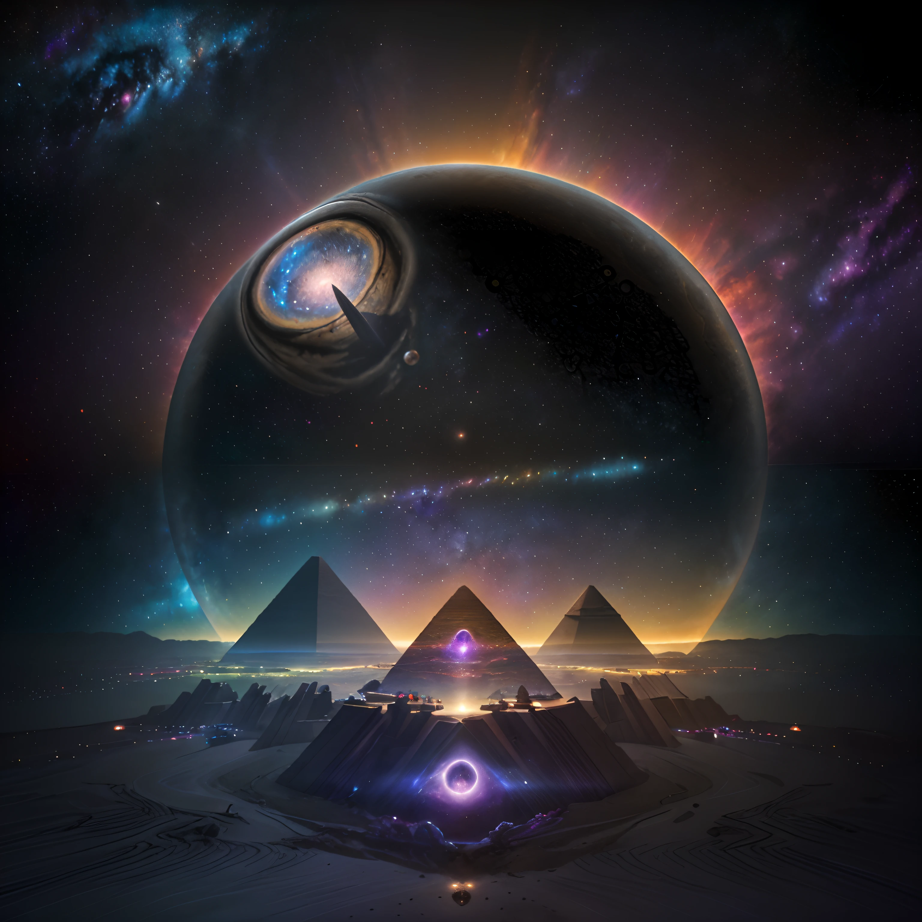 a 3d render mandala Of luck health and life, Translucent, in a space, Pyramids on the edge, Saturn on the edge, pyramids in the center ,spaceship on The Edge, sun on the Edge, astronaut on The Edge, starship on The Edge, galaxies on The Edge, astronaut on edge, Jupiter on the edge, Many Several different aliens on the edge, ultra colorful, fullbody, lights inside, texture, arriving, comming out, leaving through interdimensional multicor portal, space graphics art in background, science fiction digital artnefertiti, interestelar portal, nebula, galaxies, stars, 3D, Bright, contrast, egypt pyramids in background, ultra realitistic, volumetric lighting, dark, sharp focus, Unreal Engine 5, Octane Render, hyper realistic, very hyper detailed, Micro details, every detail hyper sharp, Very hyper sharp, 32k, depth, Very high relief, Very immersive, very high definition, very high resolution, style photo realistic