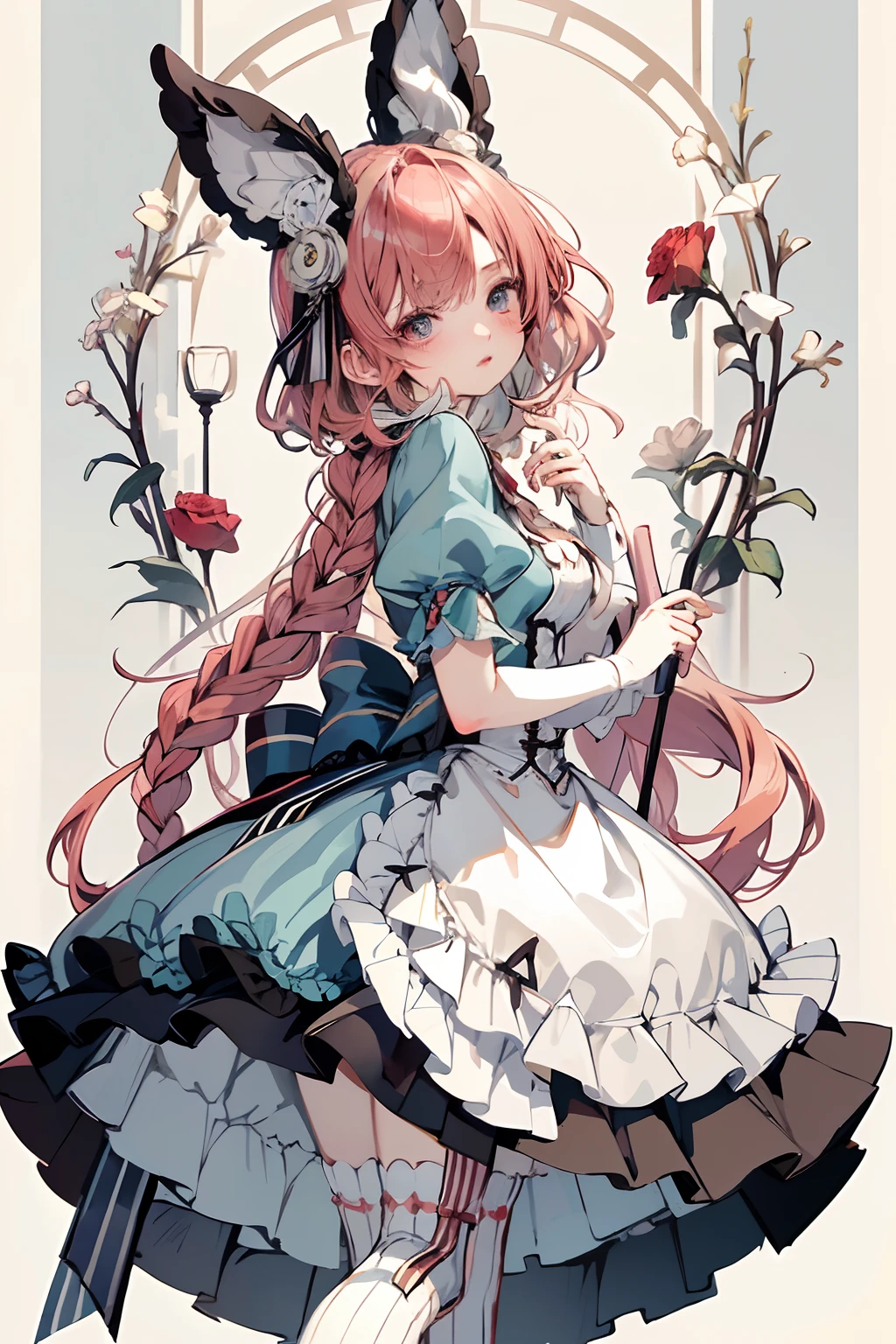 nffsw,nffsw,8K, Best Quality, masutepiece, Highly detailed, Studio Lighting, Physically-based rendering, 1girl in, Solo,
 bjd doll, blush, Alice in Wonderland, Bele has, Red dress, Green High Socks, white blossoms, ((Red color)), Pink Hair, Short hair, Twin braids, Short,