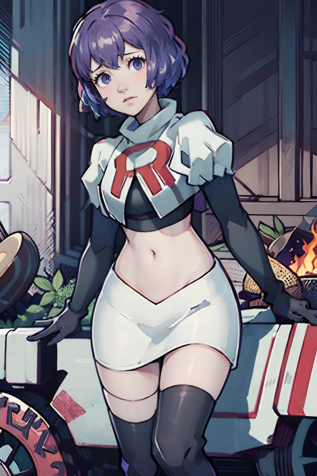 Bernadetta von Varley (Fire Emblem: Three Houses), 1girl,team rocket,team rocket uniform,white skirt,crop top,black thigh-highs,black elbow gloves, shy look
