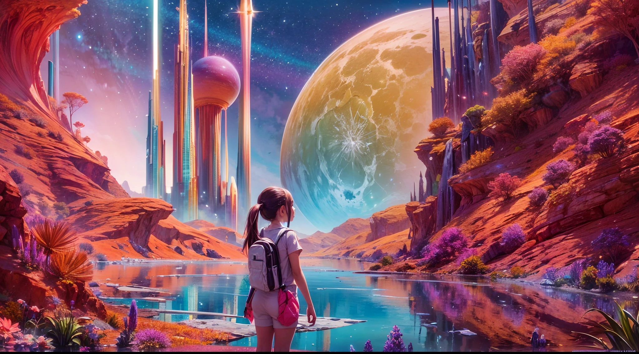 "A young girl with a sense of wonder explores an alien planet with vibrant chrome vegetation. The surreal landscape and flora create a stunning juxtaposition in a space-age paradise.