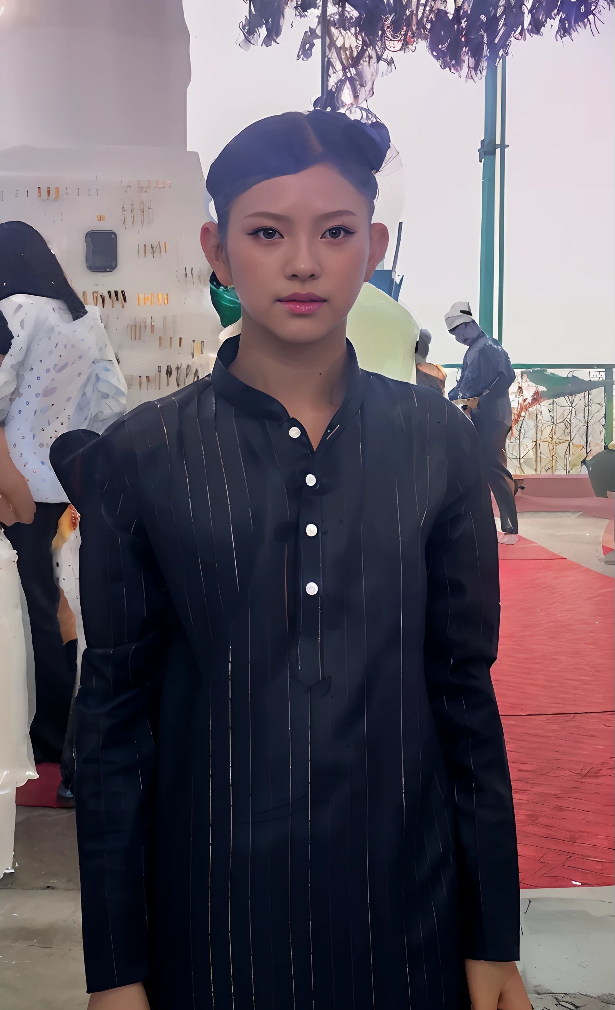 A photograph of mid-twenties Japanese female android made of shiny white and silver translucent glass and plastic, geisha makeup and hairstyle, silver metal internal body mechanisms, dynamic pose, flowing organic construction, glowing golden circuitry, colorful neon trim, glowing circuitry, neon trim, depth of field focus f/2.8, art by H.R. Giger, Greg Rutowski original  8k boy