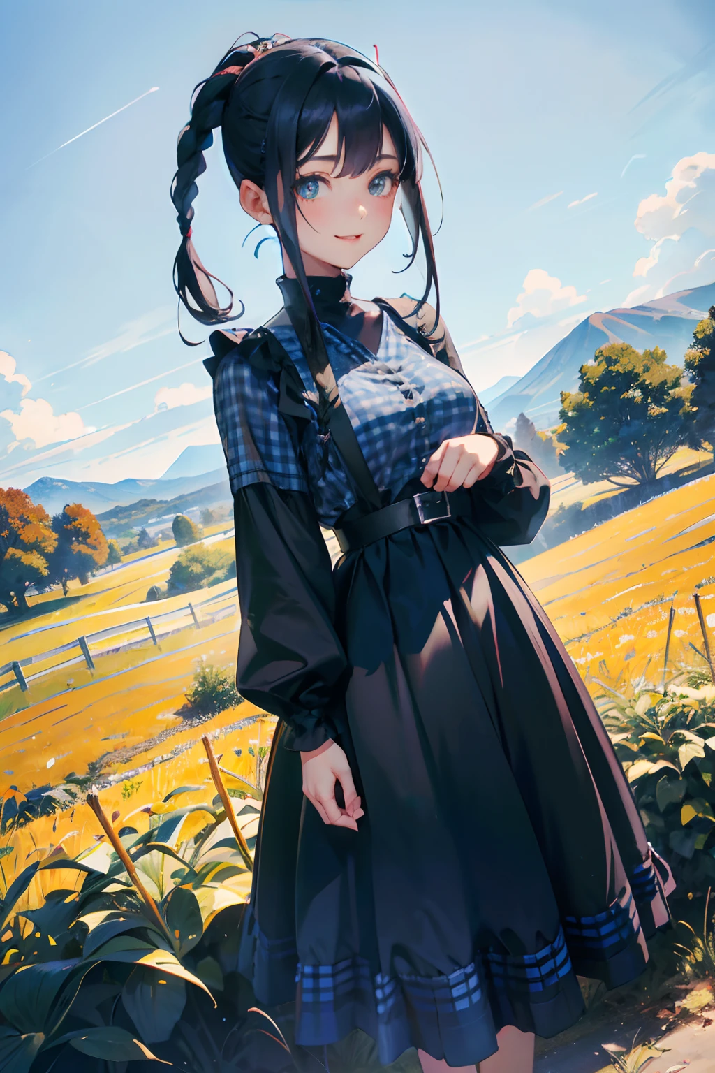 a 20 yo woman、Black blue Hair、poneyTail、Braids、Big smile、Blue gingham check dress、full body Esbian、(hi-top fade:1.3)、dark themed、Muted Tones、Subdued Color、highly contrast、Green meadow background、Have autumn fruits、apple、(natural skin textures、Hyper-Realism、Soft light、sharp)