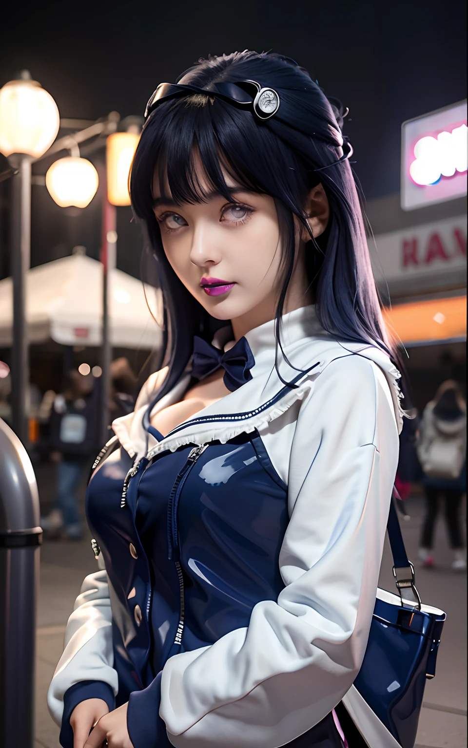 a close up of a person with long hair and a hoodie, hinata hyuga, hinata hyuga from naruto, from naruto, as an anime character, perfect anime face, she has dark blue hair with bangs, female anime character, anime character, anime best girl, hime cut hairstyle, dark blue hair, (red glossy lips:1.3), light purple eyes, big breasts, realistic, ultra detail