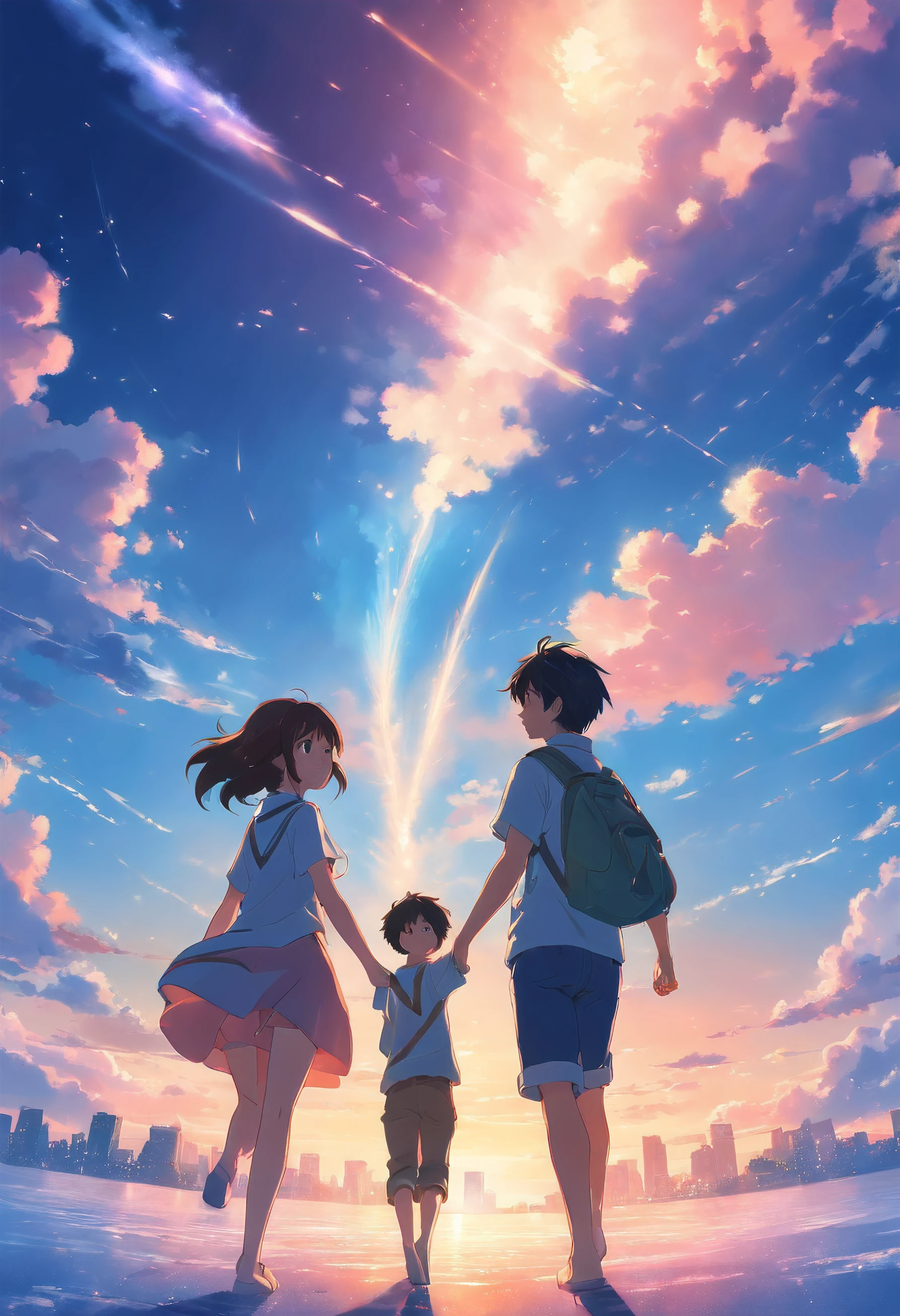"(best quality, movie still:1.2), 1girl1boy, cloud girl boy floating in the sky, close-up, bright, happy, warm soft lighting, sunset, (sparks:0.7), vivid colors, dreamy atmosphere, magical ambiance, romantic silhouette"