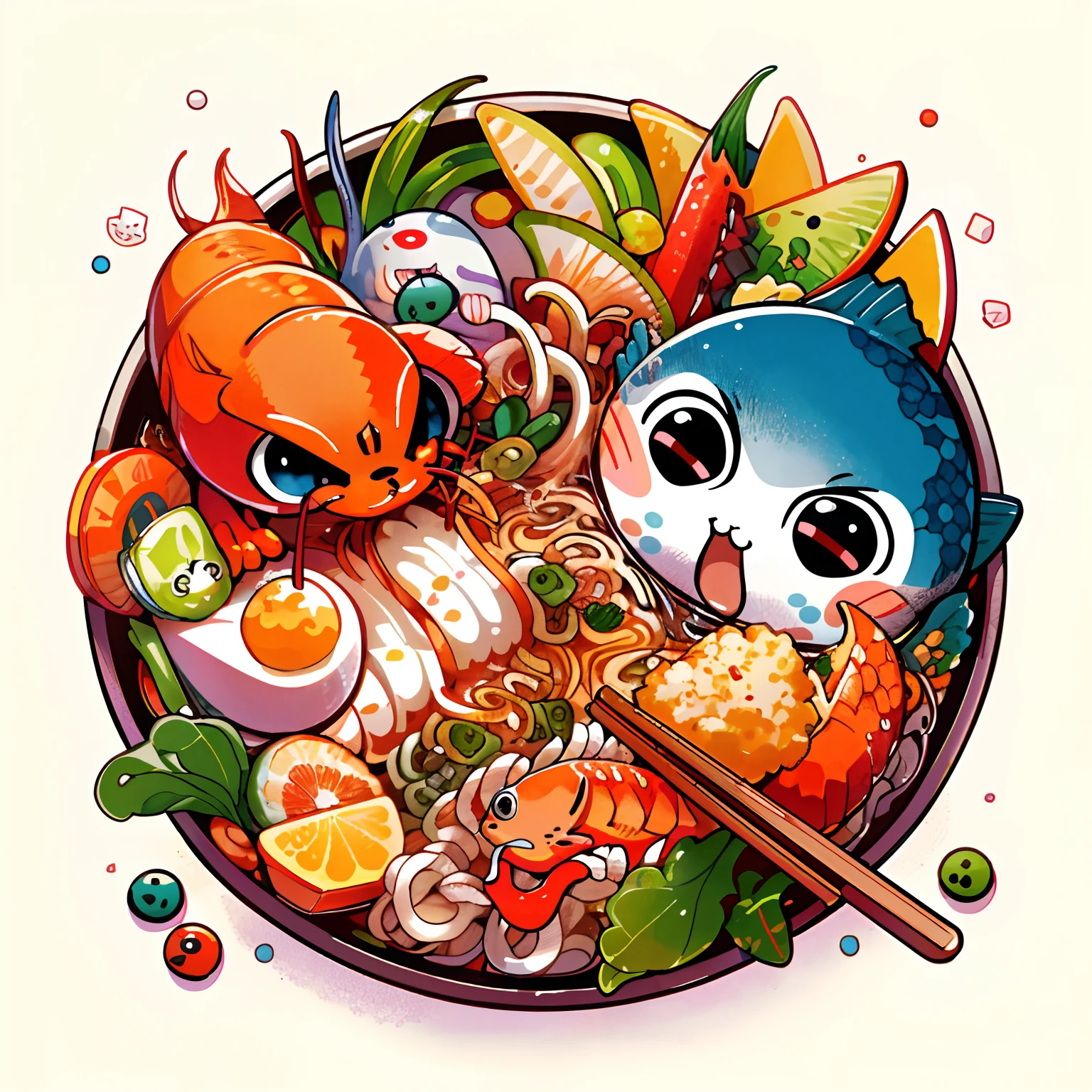 cartoon illustration of a bowl of food with a cat and a fish, cute detailed artwork, cute detailed digital art, amazing food illustration, anime food, cute artwork, a beautiful artwork illustration, cute digital art, mobile game art, japanese cartoon style, full art illustration, illustration pokemon, vibrant cartoon art, eating ramen, by Ryan Yee, game illustration, adorable digital painting