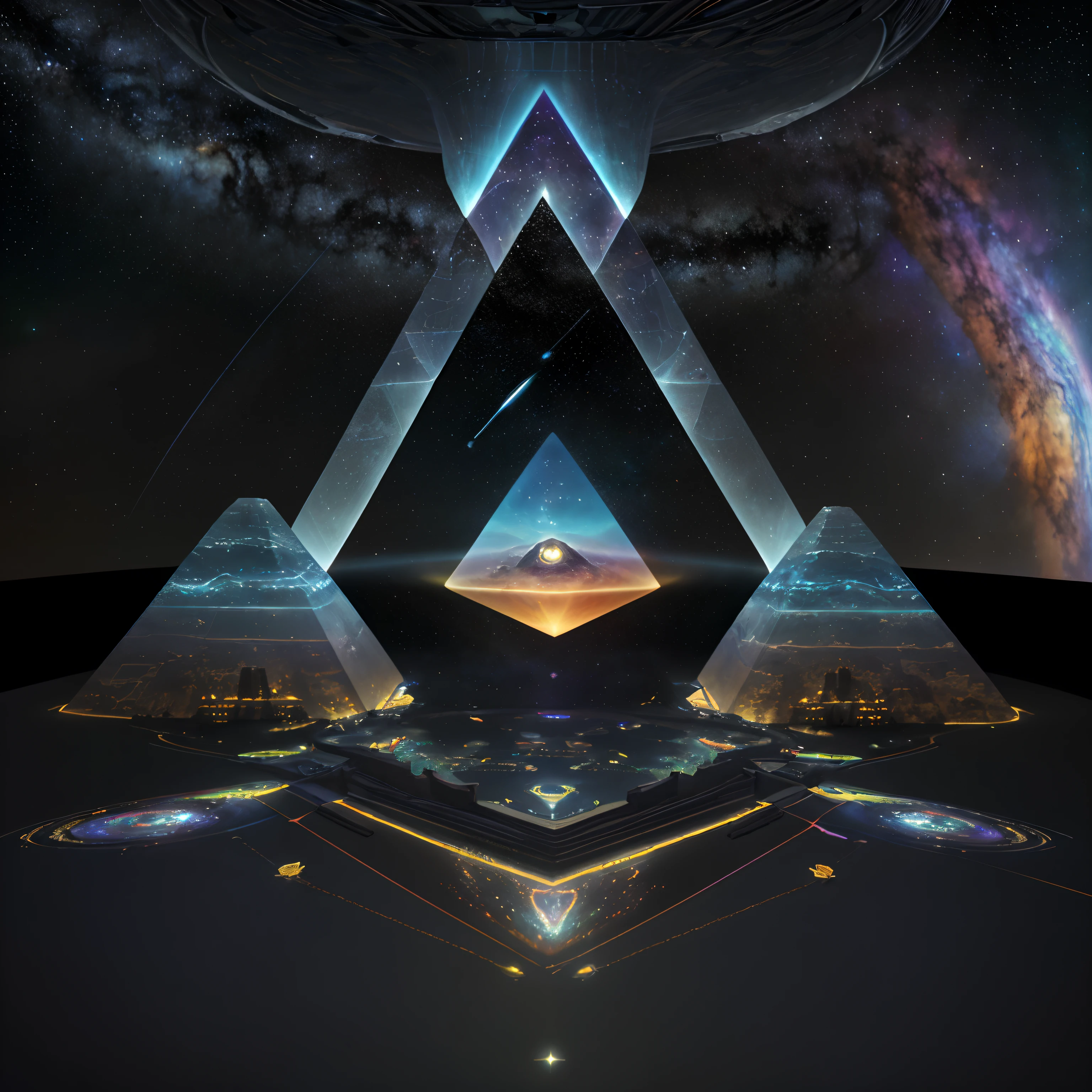 a 3d render mandala Of luck health and life, Translucent, in a space, Pyramids on the edge, Saturn on the edge, pyramids in the center ,spaceship on The Edge, sun on the Edge, astronaut on The Edge, starship on The Edge, galaxies on The Edge, astronaut on edge, Jupiter on the edge, Many Several different aliens on the edge, ultra colorful, fullbody, lights inside, texture, arriving, comming out, leaving through interdimensional multicor portal, space graphics art in background, science fiction digital artnefertiti, interestelar portal, nebula, galaxies, stars, 3D, Bright, contrast, egypt pyramids in background, ultra realitistic, volumetric lighting, dark, sharp focus, Unreal Engine 5, Octane Render, hyper realistic, very hyper detailed, Micro details, every detail hyper sharp, Very hyper sharp, 32k, depth, Very high relief, Very immersive, very high definition, very high resolution, style photo realistic
