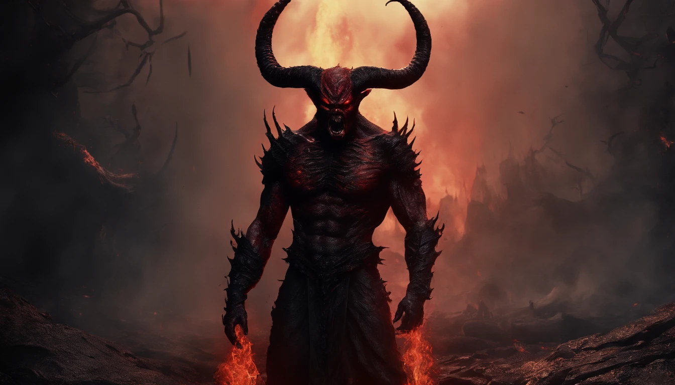 (best quality,8k,masterpiece:1.2),ultra-detailed,(realistic:1.37),red devil with horns,roaring,plenty of lava and fire in the background,in hell,only from the shoulders up,violent expression,vivid colors,diabolical appearance,strong shadows