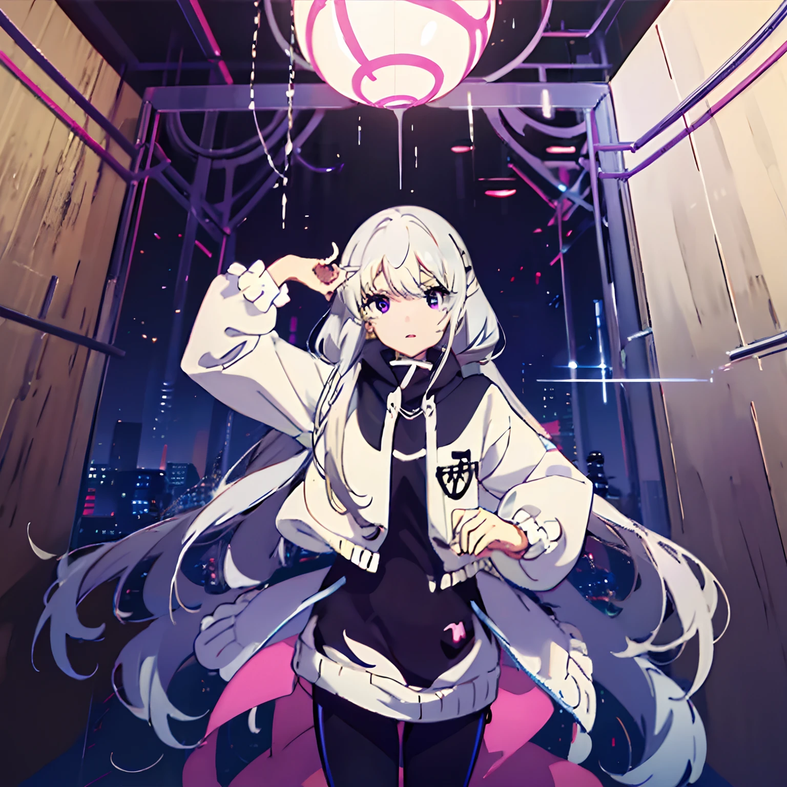 Wolf ears、head phone、animesque、Anime Drawing、white hair、odd eye、Full body painting、Purple Eye、Vibrant colors、hoods、trouser、a beauty girl、frontage、Mouth open、cyberpunked、Bukabuka Hoodie、frontage、1 persons、facing front