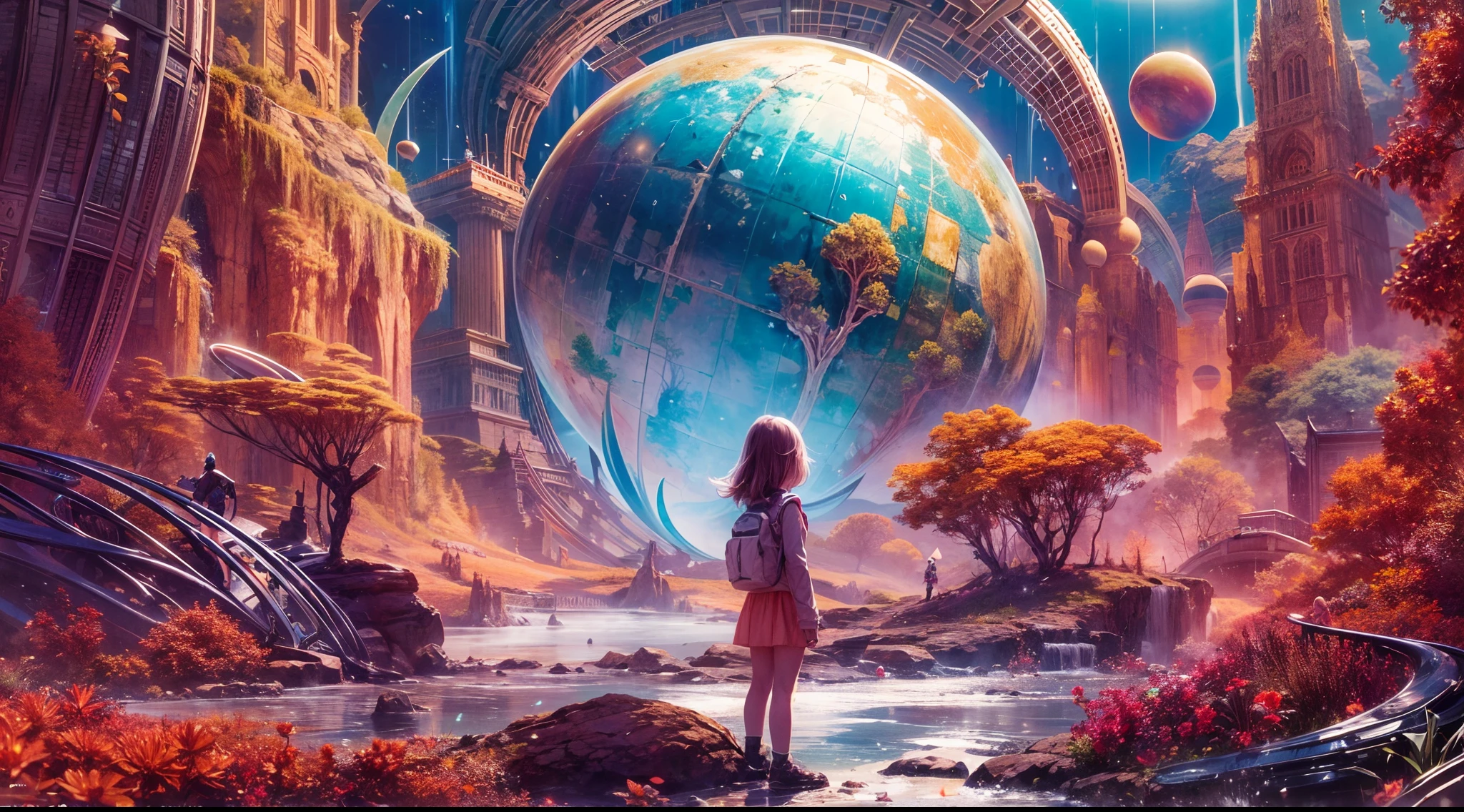 "A young girl with a sense of wonder explores an alien planet with vibrant chrome vegetation. The surreal landscape and flora create a stunning juxtaposition in a space-age paradise.