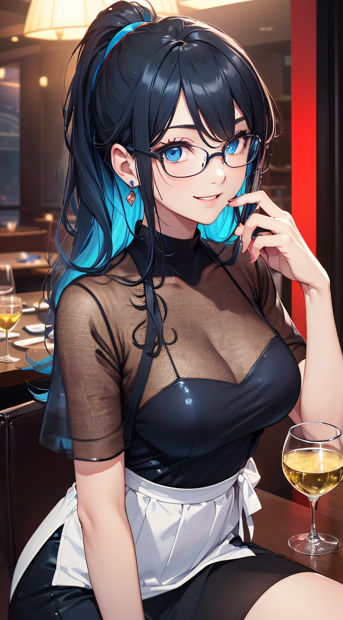 top-quality、Top image quality、​masterpiece、girl with((18year old、Best Bust、Medium bust、Bust 85,Beautiful blue eyes、Breasts wide open,Black Short Sleeve T-Shirt、White see-through、Black short skirt、Ponytail with black hair、Smile Face、Beautiful blue earrings、A slender、Blue hair mesh、sparking eyes,sit a chair、Meet your audience face-to-face、Lean forward in front of the table)）hiquality、Beautiful Art、Background with((Red and blue lighting、Stylish restaurant at night、Stylish table、White Wine Bottle、White Wine Glasses)),masutepiece、Elaborate design、visualart、depth of fields、The best lighting、highestdetailed、8ｋ