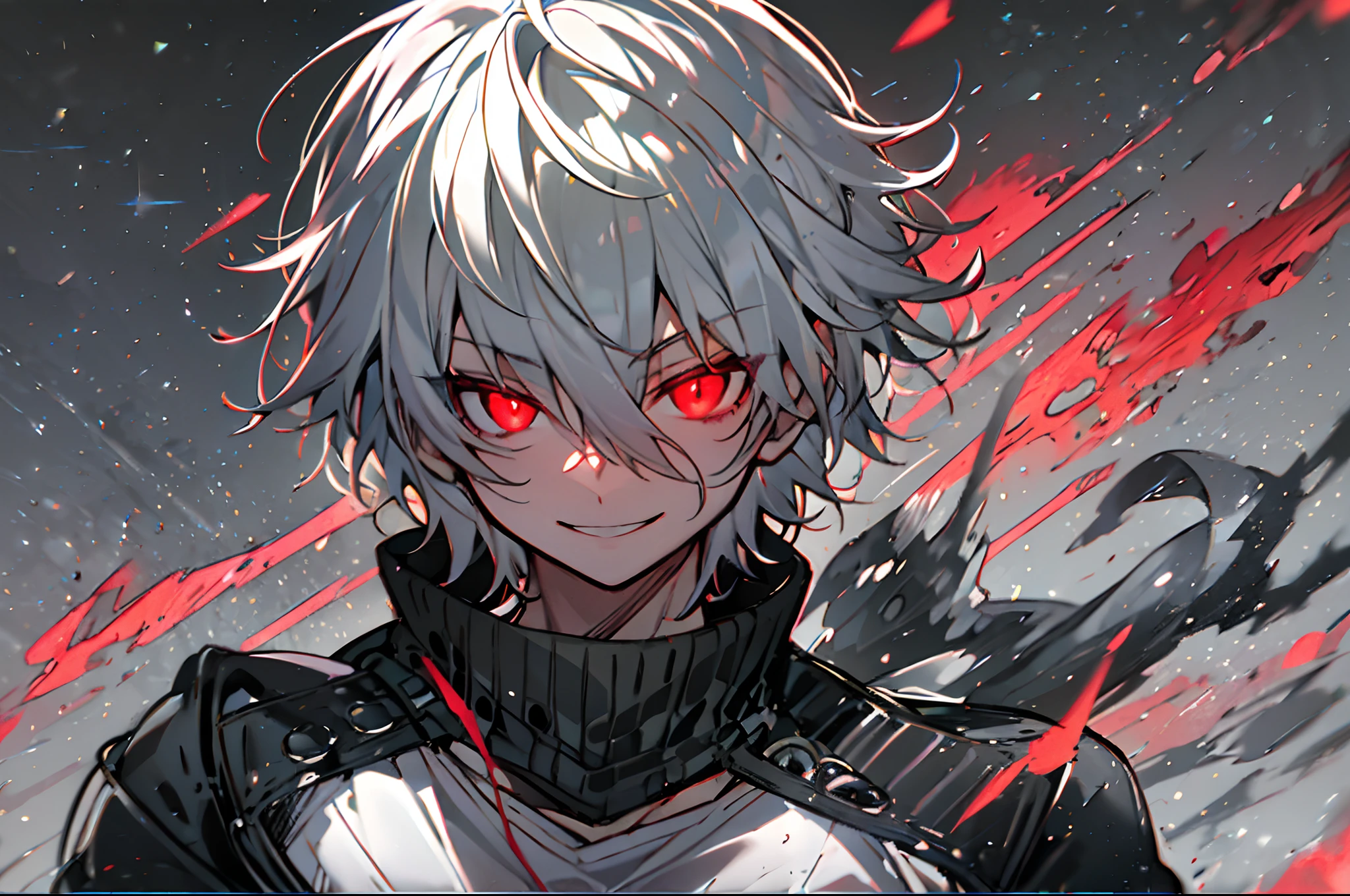 hight resolution,Anime boy with white hair and red eyes staring at camera, Glowing red eyes,slim, dressed in a black outfit,Shadow Body,de pele branca,monochromes,hair messy,Aggressive smile,Diagonal angle