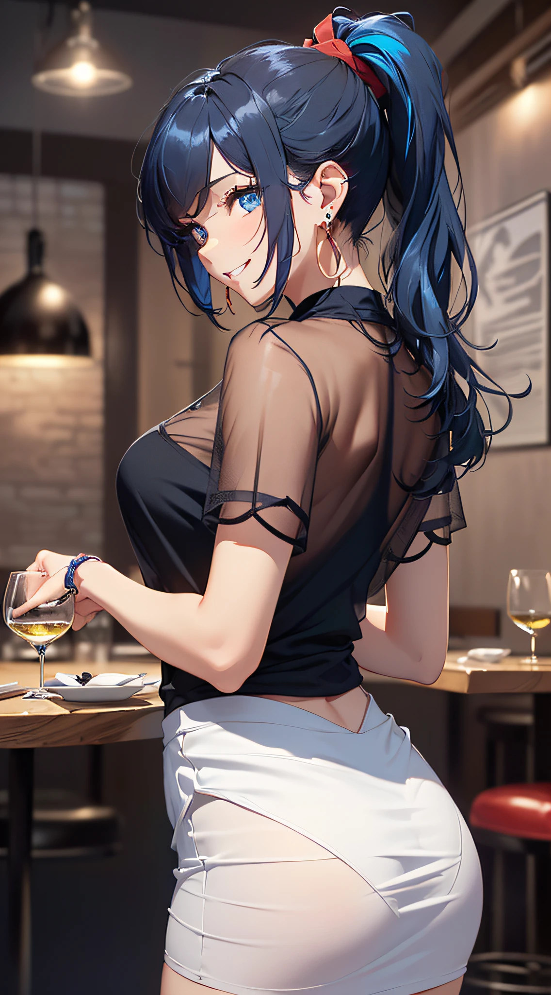 top-quality、Top image quality、​masterpiece、girl with((18year old、Best Bust、Medium bust、Bust 85,Beautiful blue eyes、Breasts wide open,Black Short Sleeve T-Shirt、White see-through、Black short skirt、Ponytail with black hair、Smile Face、Beautiful blue earrings、A slender、Blue hair mesh、sparking eyes,posterior view,emphasis on the buttocks)）hiquality、Beautiful Art、Background with((Red and blue lighting、Stylish restaurant at night、Stylish table、White Wine Bottle、White Wine Glasses)),masutepiece、Elaborate design、visualart、depth of fields、The best lighting、highestdetailed、8ｋ