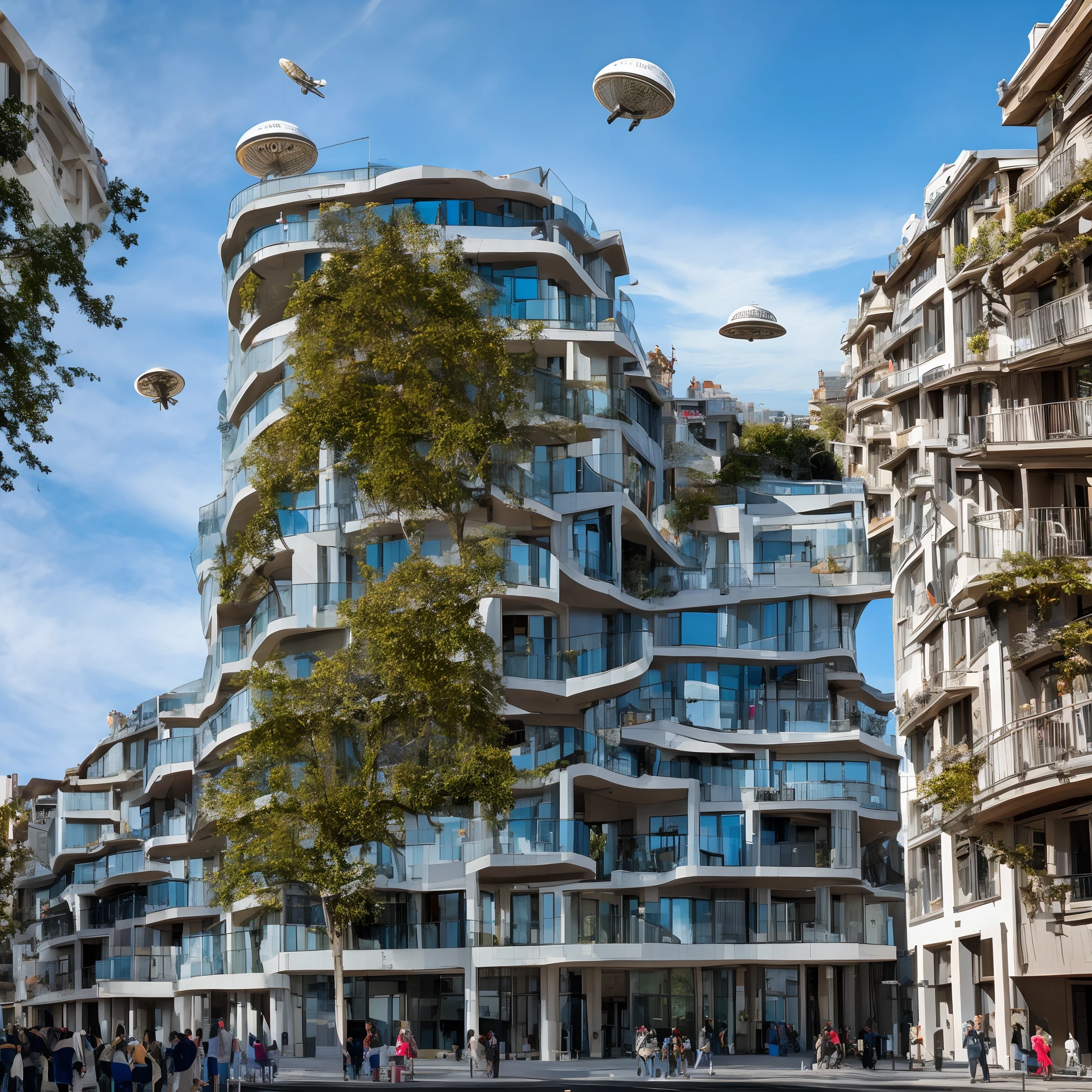 Unos edificios muy modernos, A sunny day, un cielo cristalino, se ve un ovni, flying saucer and people watching it from the windows, Photographic image quality