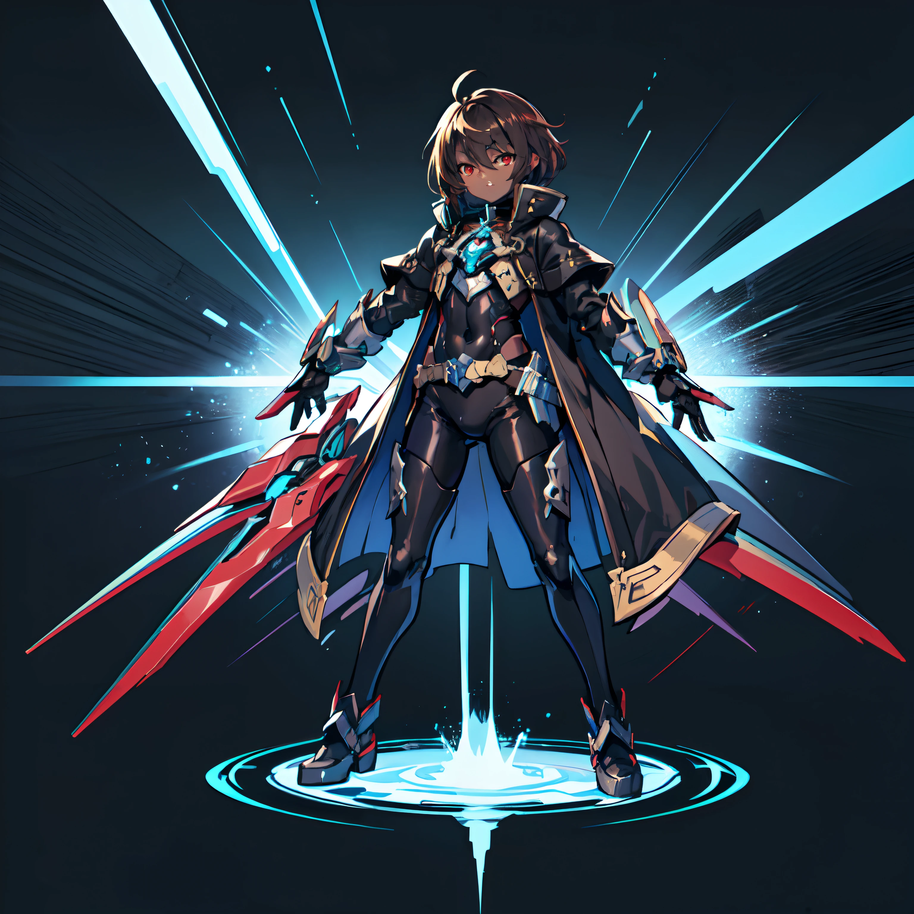 Masterpiece High res, cute (1 shota) dark skin , with red eyes, long dark brown hair, earing a black full body magical black armoured powersuit l, black leggings, blue gaunlets, long blue coat, xenoblade chronicles 3, douluo dalu, Y School Heroes