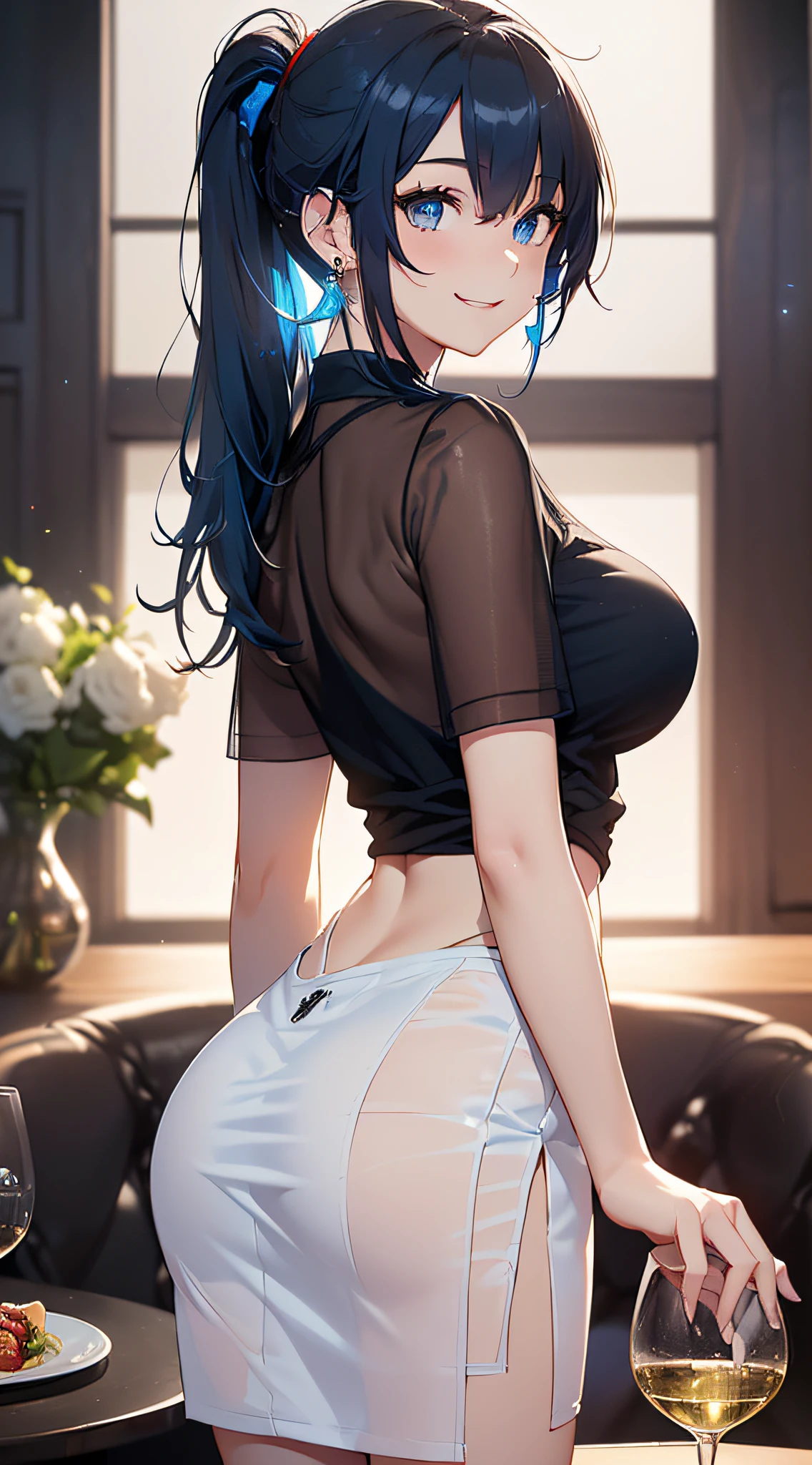 top-quality、Top image quality、masterpiece、girl with((18year old、Best Bust、Medium bust、Bust 85,Beautiful blue eyes、Breasts wide open,Black Short Sleeve T-Shirt、White see-through、Black short skirt、Ponytail with black hair、Smile Face、Beautiful blue earrings、A slender、Blue hair mesh、sparking eyes,posterior view,emphasis on the buttocks))hiquality、Beautiful Art、Background with((Red and blue lighting、Stylish restaurant at night、Stylish table、White Wine Bottle、White Wine Glasses)),masutepiece、Elaborate design、visualart、depth of fields、The best lighting、highestdetailed、8k