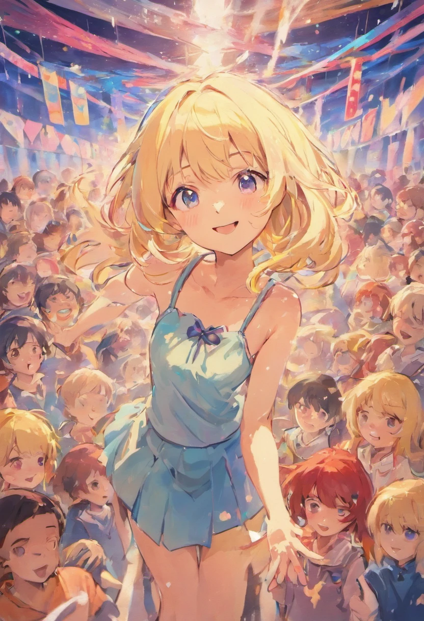 A teacher blonde, surrounded with smiling children, illustration, colorfull dropes os paint