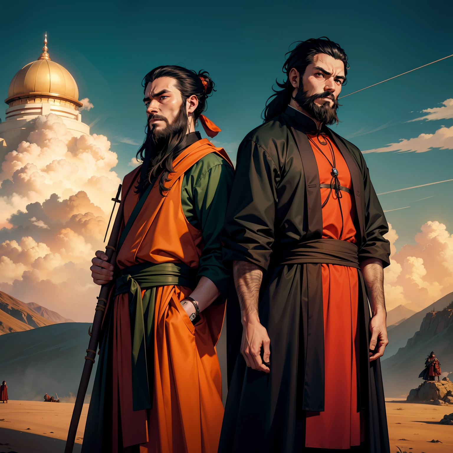 Two Tibetan twins，Wearing a dark green monk's robe，Vicissitudes, Vicissitudes，It looks like you've experienced pain，Have a beard，Armed with sticks，He has sci-fi high-tech equipment on him，The background is next door，Scorching sun and sky。