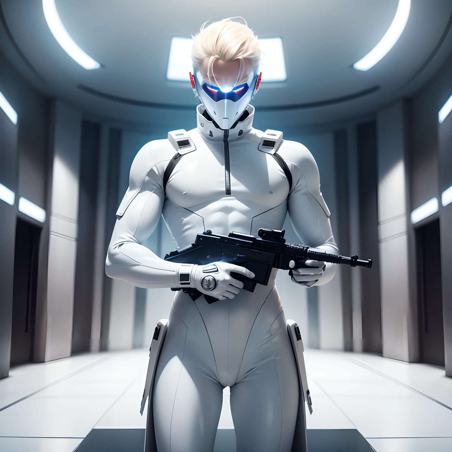 (futuristic, sci fi)Male in all white body suit, blonde hair, white gloves, full body suit, hands visible, hair visible, pale skin, beautiful face, masterpiece, white futuristic mask covering mouth, eyes visible, evil intent, weapon in hand, soldiers in background, weapon visible