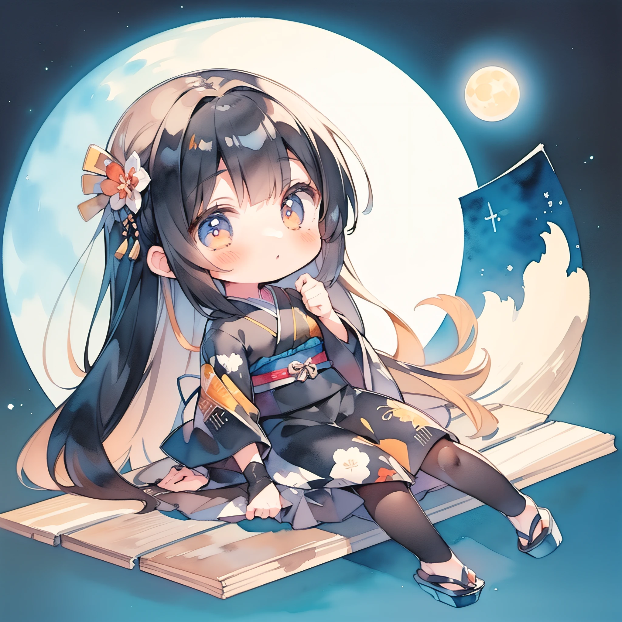 masutepiece, Best Quality, Extremely detailed, watercolor paiting, girl with, Solo, Cool, Full body, (((Black Long Hair:1.3))), Red kimono, (Looking up at the moon:1.1), (from the rear:1.2), (((Deformed))), (((Chibi Character))), Japanese, Autumn night background, moon light