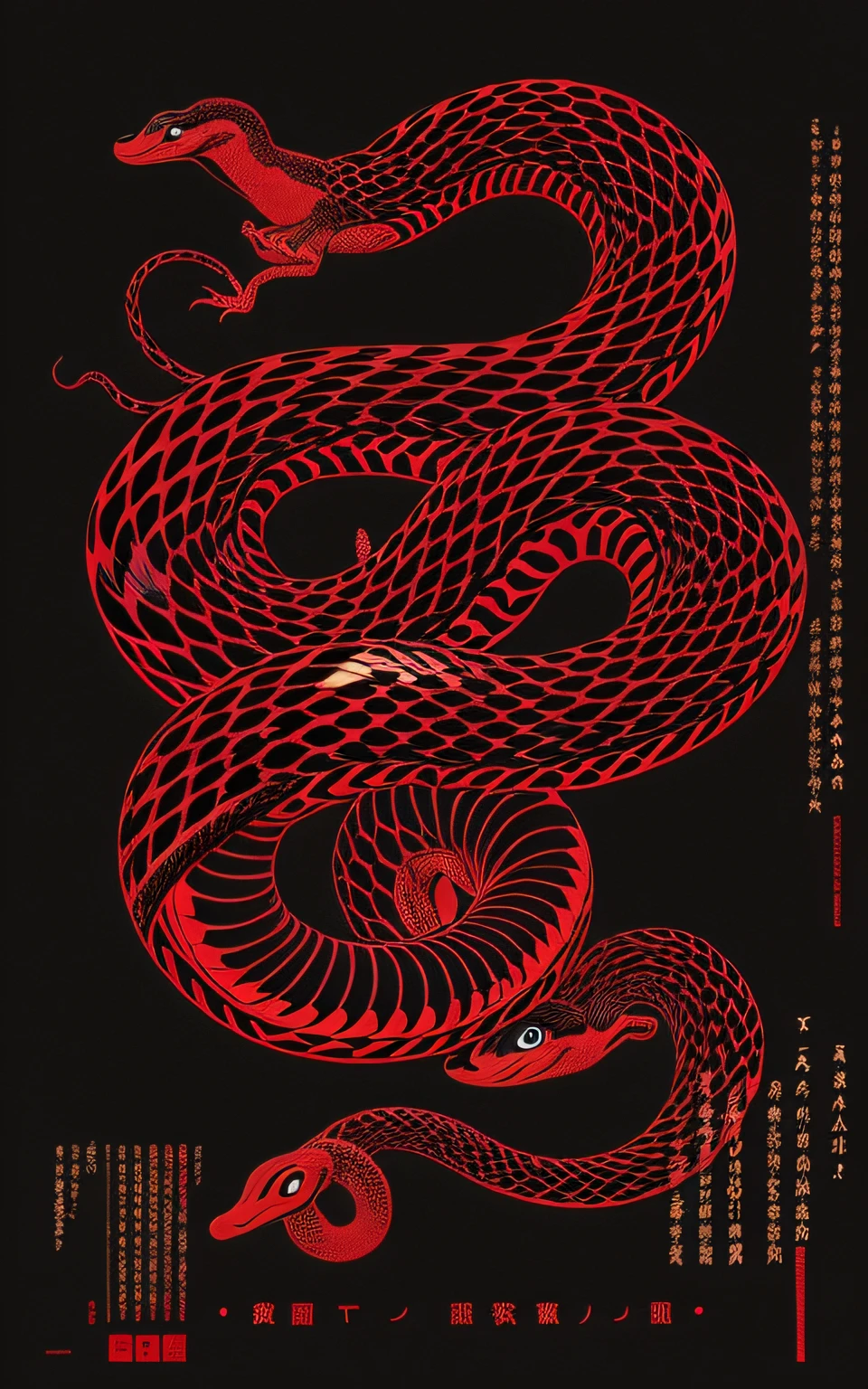 A poster in red and black,There is a snake on it, Poster illustration, author:Tan Yang Kano, Japanese inspired poster, poster for, Poster design, snake art, style of satoshi kon, serpent, author:Chass is silent, Screen printed poster, author:Yoshio Makino, print!, an amalgamation of a snake