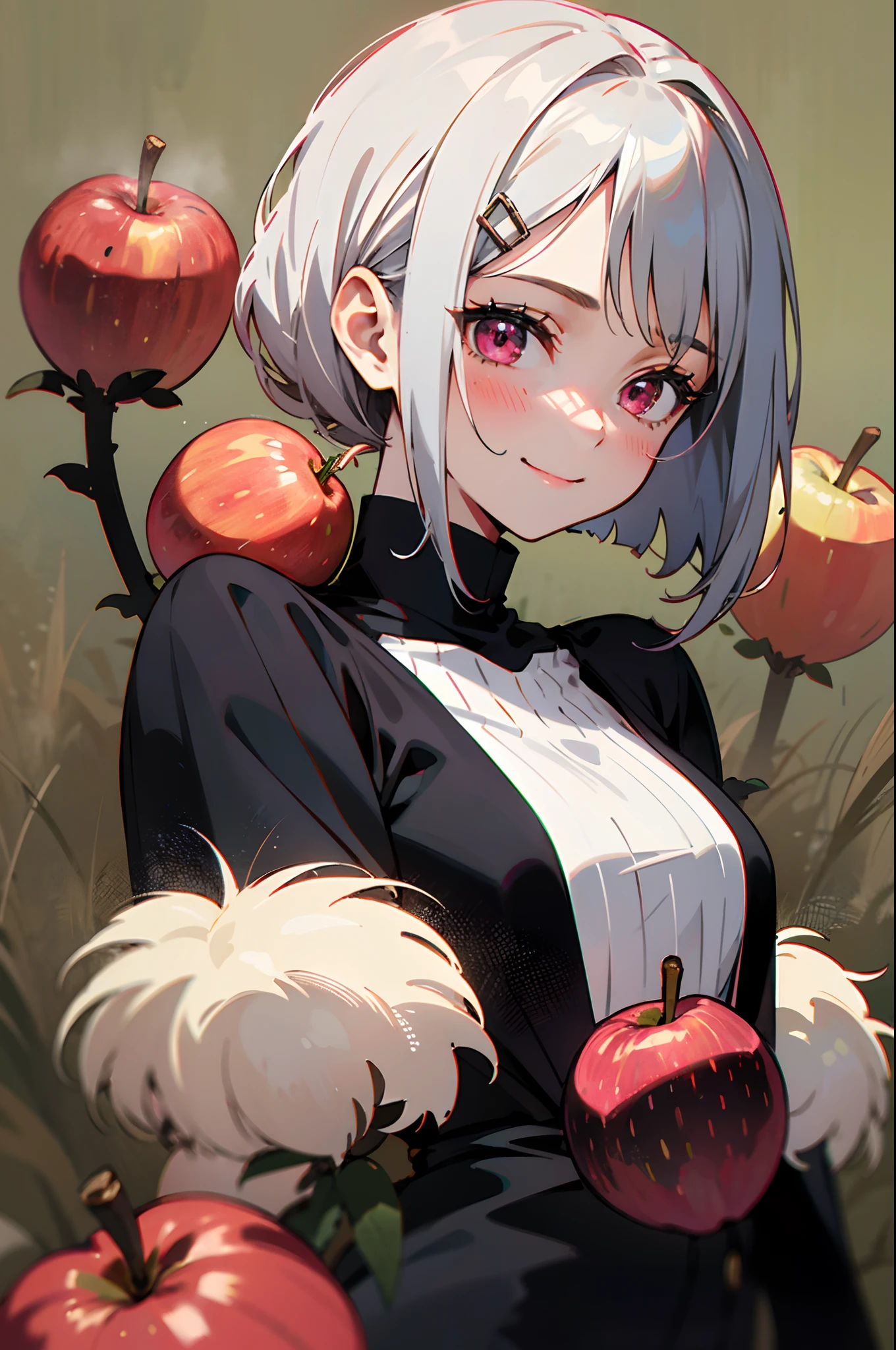 -yeld wo、Short hairstyle with silver hair and bob, Hair tied in a bun with a hair clip, Pink eyes、small tits、Big smile、Onepiece、(hi-top fade:1.3)、dark themed、Muted Tones、Subdued Color、highly contrast、Green meadow background、Have autumn fruits、apple、(natural skin textures、Hyper-Realism、Soft light、sharp)