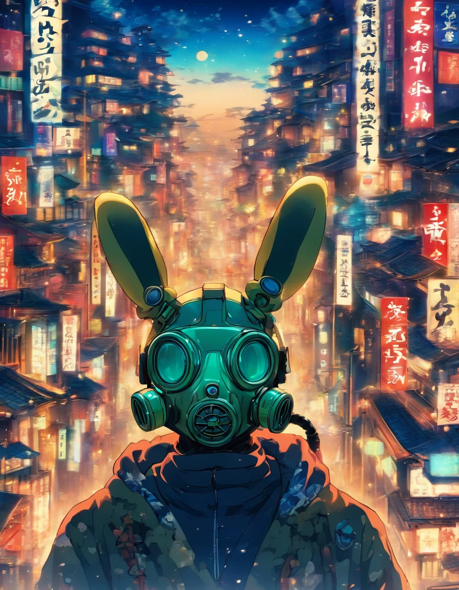 masutepiece, Best Quality, 4K, 超A high resolution, ultra-detailliert, High resolution, Ultra HD, sophisticated details, ukiyoe painting, city at night background, a gas mask, Robot goggles, headphones, mechanical bunny hat, Cross-processing effect