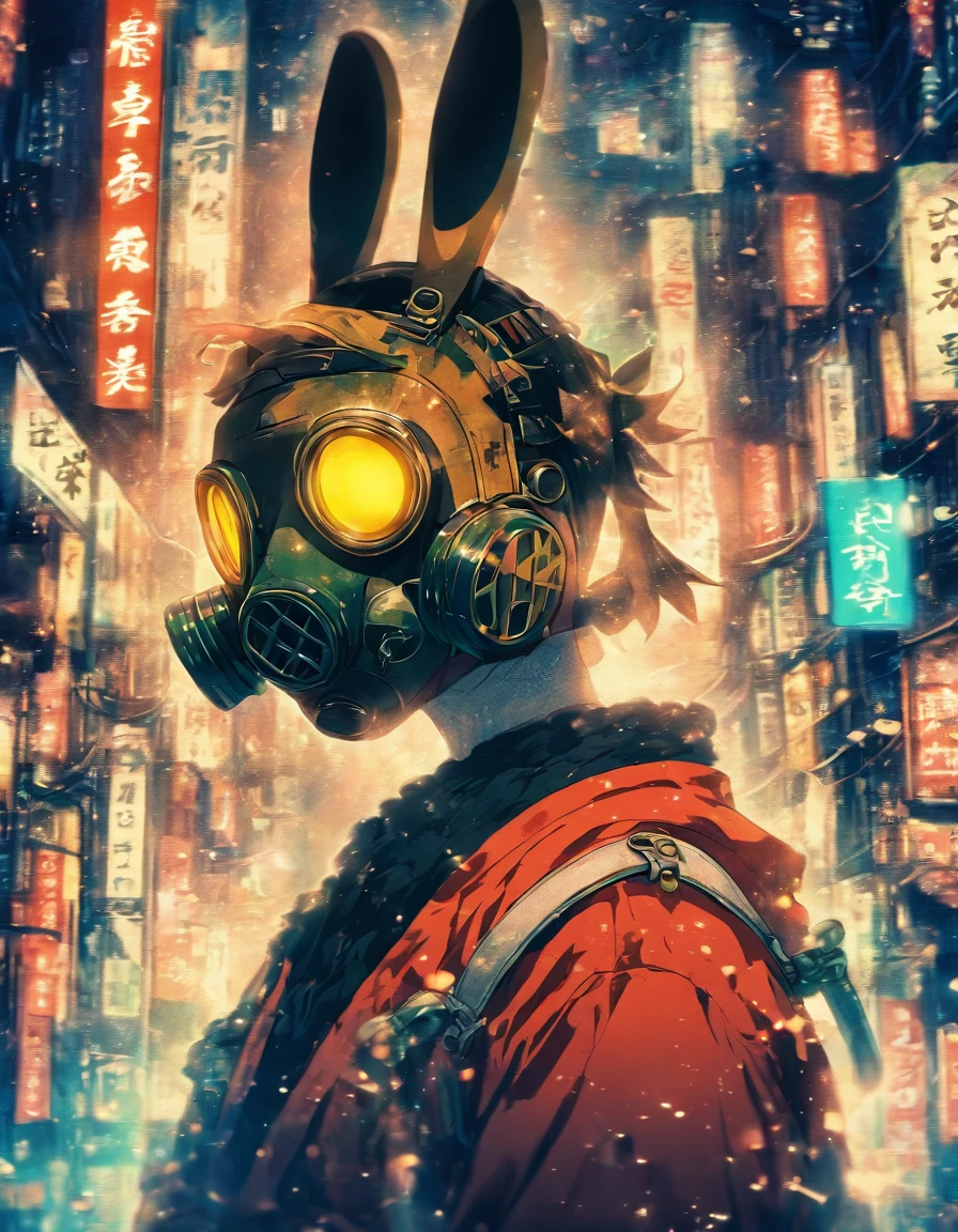 masutepiece, Best Quality, 4K, 超A high resolution, ultra-detailliert, High resolution, Ultra HD, sophisticated details, ukiyoe painting, city at night background, a gas mask, Robot goggles, headphones, mechanical bunny hat, Cross-processing effect
