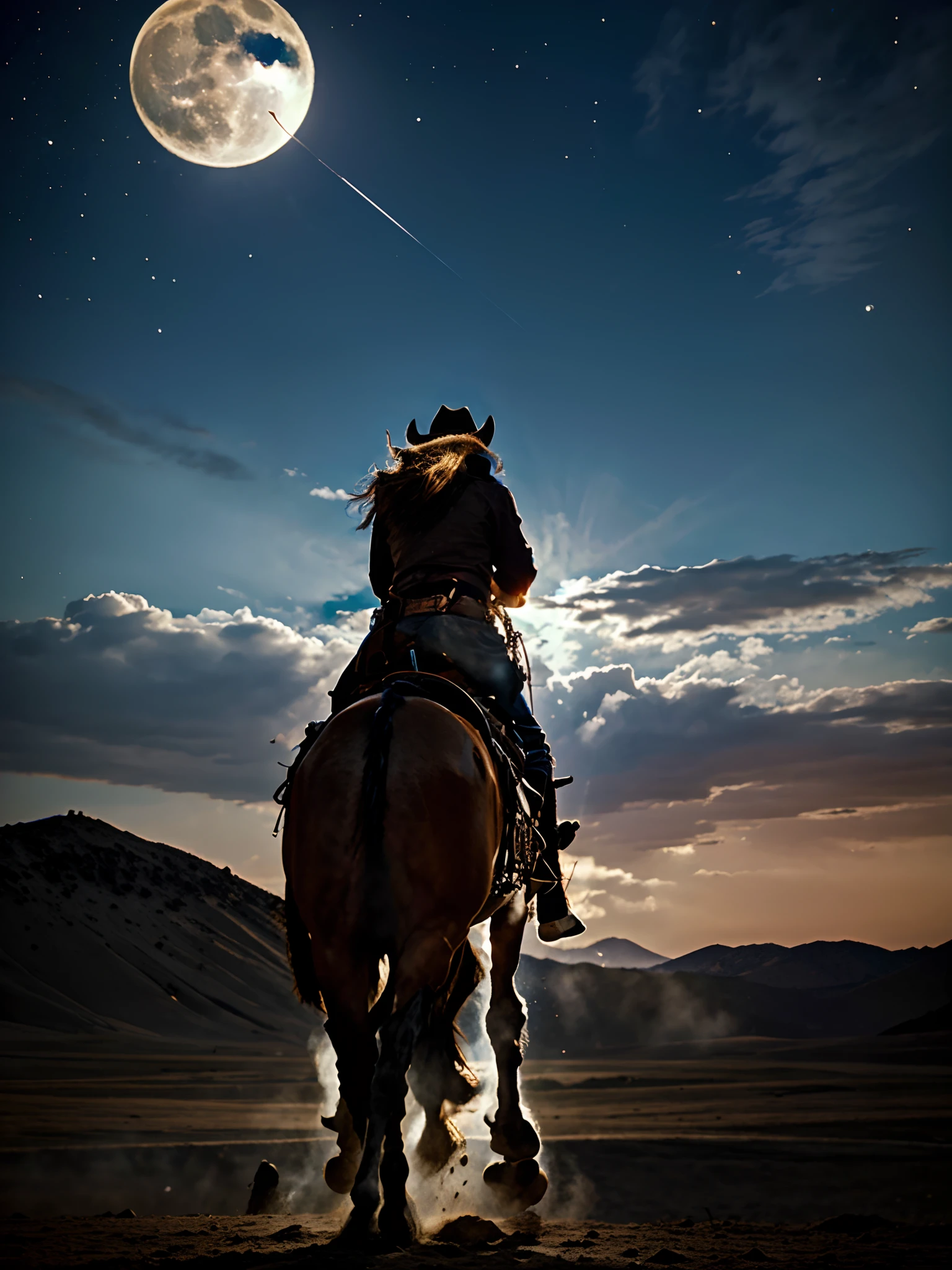 Man on a horse in front of the full moon, Horseback riding on the moon, a cowboy, Cowboy on the track, Back photo of a cowboy, In the Wild West, Cowboy in the Strange West, The Wild West, The Lone Security Guard, Cowboy Dream, comics, Based on Westerns, The Lone Rider, Stage Director: Cindy Wright, Space Western, Photo of the lunar rover