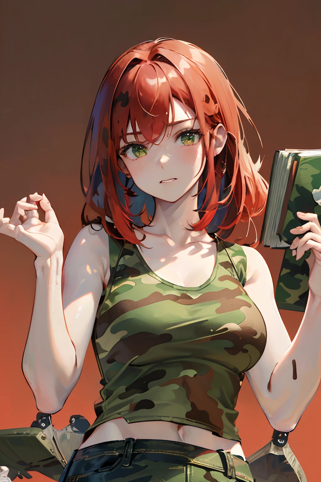 upperbody shot、8K、an oil painting、masterpiece、top-quality、hight resolution、(((Red hair)))、Denim miniskirt、(((Pure white background)))、bobhair、(((Fingers5There are books)))、(((Biting)))、(((Green and brown tank top)))、(((Camouflage pattern tank top)))、Hair that grows to the shoulders、(((Raise one hand)))、(((Overhead callout)))