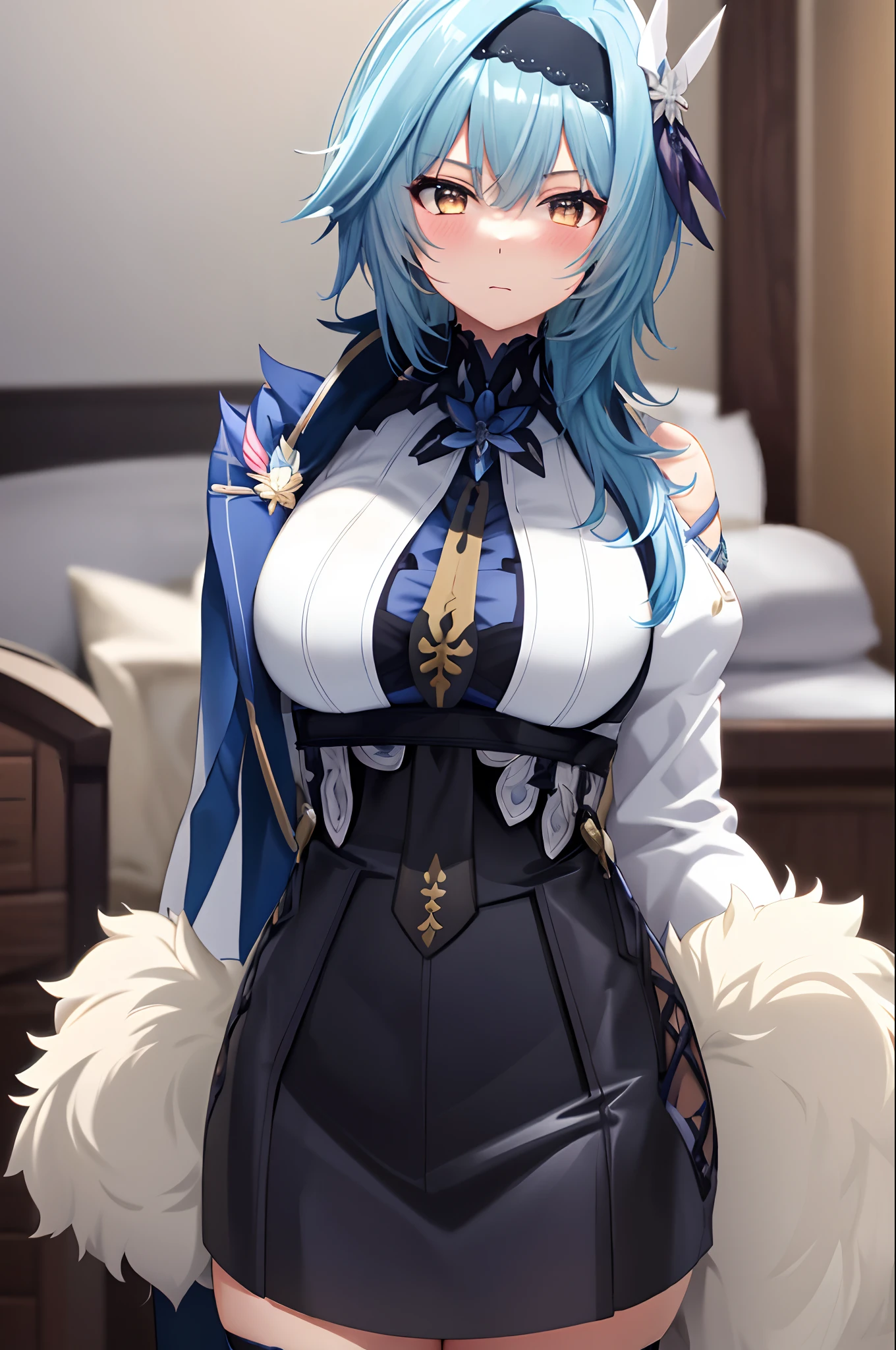 solo girl, in bed, blue sea hair and yellow eyes, light shirt, anime visual of a cute girl, screenshot from the anime film, & her expression is solemn, in the anime film, in an anime, anime visual of a young woman, she has a cute expressive face, still from anime, big breast, red cheek, lustful face, fair skin