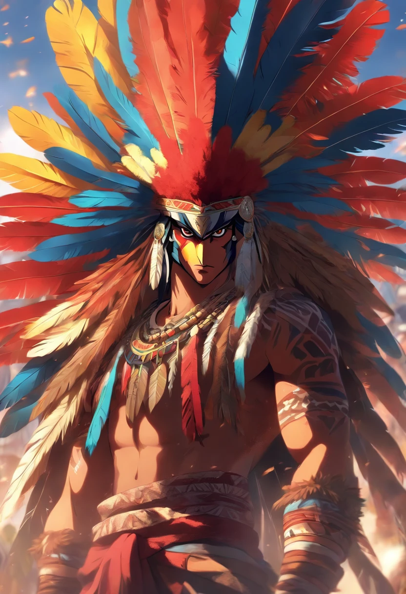 Indigenous Xavante best quality, very high resolution, detailed CG in 4K, masterpiece, Xavante mythology, Indigenous Xavante, Guaraci, macaw parrot feathers, Brazilian native, indigenous, standing pose, Mayan clothes, aesthetics, ((XAVANTE)) beautiful image, centered on screen, standing pose