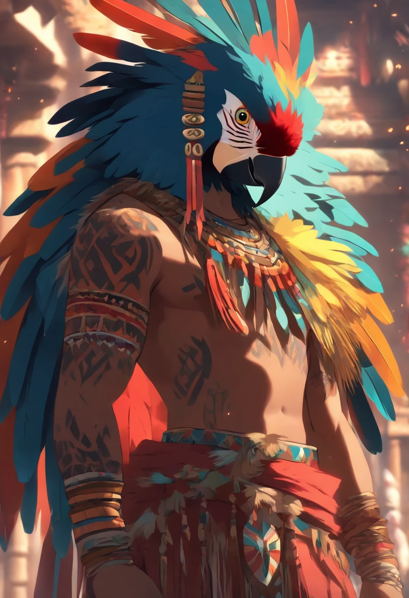 Make the god Quetzalcoatl a human with a crest covering his eyes and with orange and blue feathers., Also, he has a short beard , her brown skin, with a muscular body and an Aztec bracelet on each arm resting on a rock at night with bright stars , and an orange moon and a mountain and a river in the background but next to it a bunny eating plants