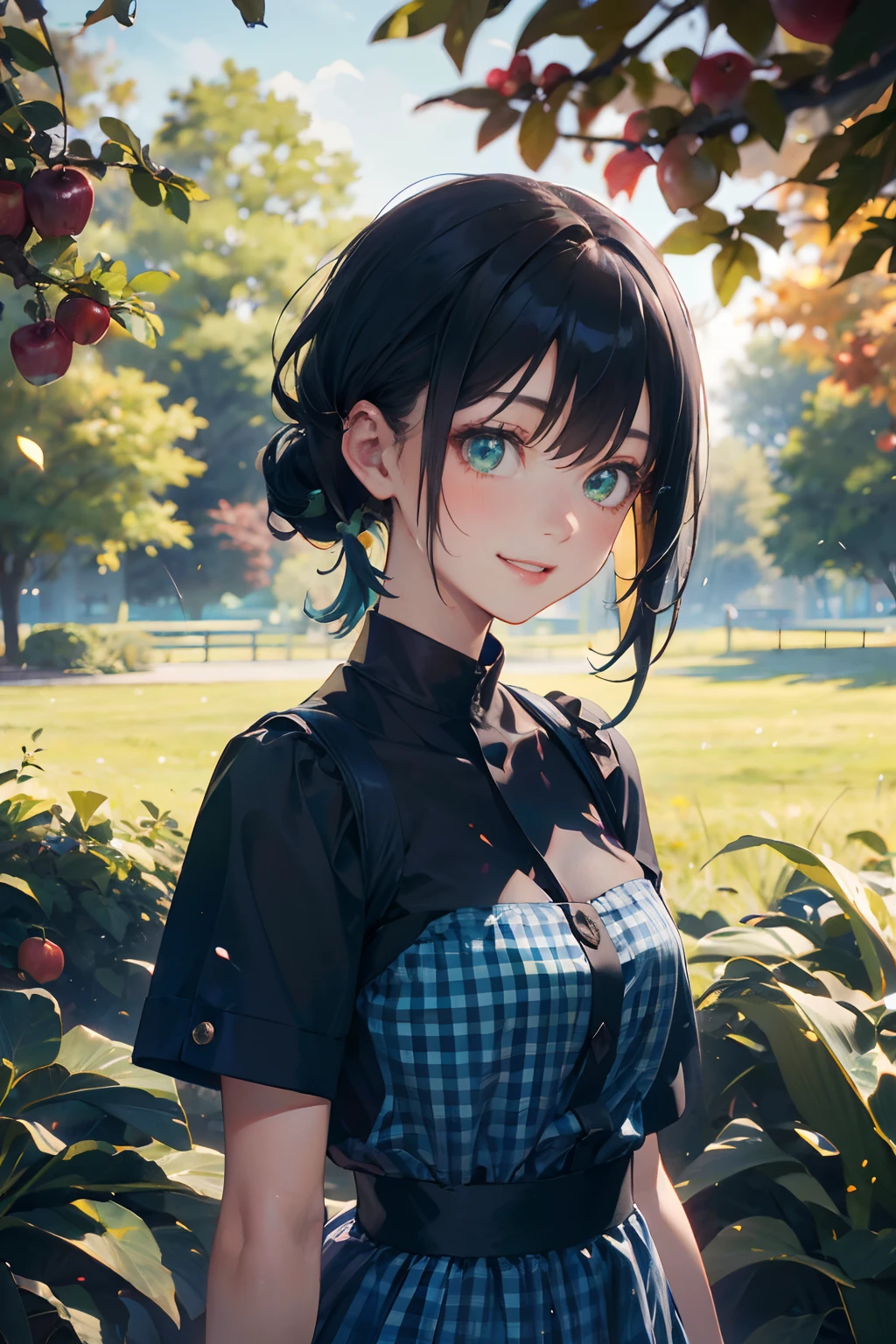 a 20 yo woman、Black blue Hair、poneyTail、Big smile、Blue gingham check dress、full bodyesbian、(hi-top fade:1.3)、dark themed、Muted Tones、Subdued Color、highly contrast、Green meadow background、Have autumn fruits、apple、(natural skin textures、Hyper-Realism、Soft light、sharp)