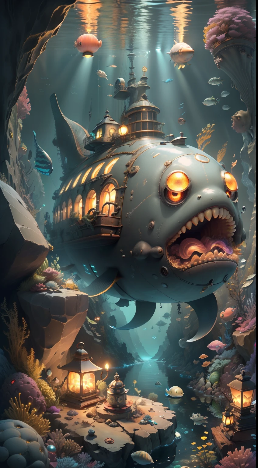 ((Large submarines))、(Searchlights illuminating the seabed)、Dark、Deep-sea fish hiding behind rocks、Running away from the octopus、Squid peeking out from behind a rock、Deep Sea Creatures、ocean floor、((treasure chests))、(Sunken ship)、Mountains of gold and silver treasures、Water depth is 2000m、Submarine Light、Lantern monkfish