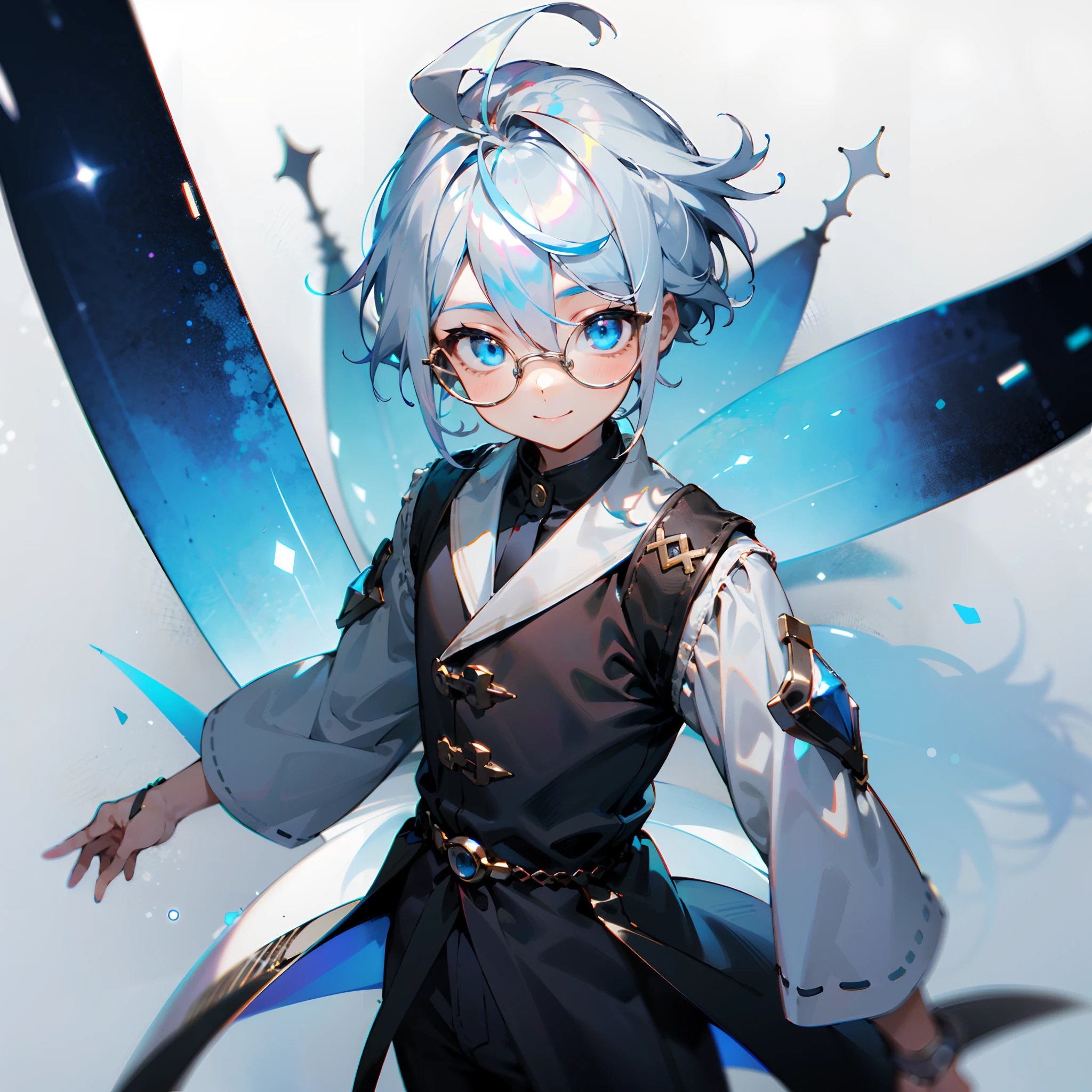 (Male child, eye glasses,blue eyess，A smile, silber hair)，独奏、Iridescent background、Leader Model Pose