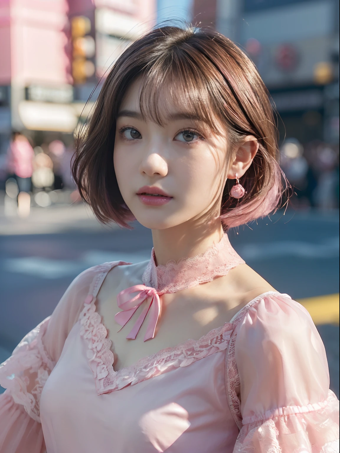 ((((top-quality))))、(((Ultra Precision CG16K Wallpapers)))、(((​masterpiece)))、(((ultra-detailliert)))、(((Ultra-extreme details)))、One woman、a matural female、24-year-old woman、((Japanese face))、((extremely beautiful face))、((bob cuts:1.2))、(curly hair)、Bangs up to the eyebrows、Beautiful brown hair、Beautiful delicate eyes、Brown eyes、lofty nose、small nostrils、seductive lips、Beautiful breasts、C-cup size breasts、cleavage of the breast、Beautifully proportioned proportions、perfect anatomia、Beautiful and detailed shading、Beautiful natural lighting、Beautiful detail glow、depth of fields、(((a high chroma)))、((realisitic:1.9))、((Vivid：1.4))、((Beautiful skin))、((Skin texture))、dynamic ungle、((portrait))、((Angle from the front))、((ssmile))、(Staring eyes)、Bright sunshine、((Standing at the Shibuya Scramble Crossing))、(Background blur)、((Pink lace blouse:1.5))、(Diamond Necklace)、