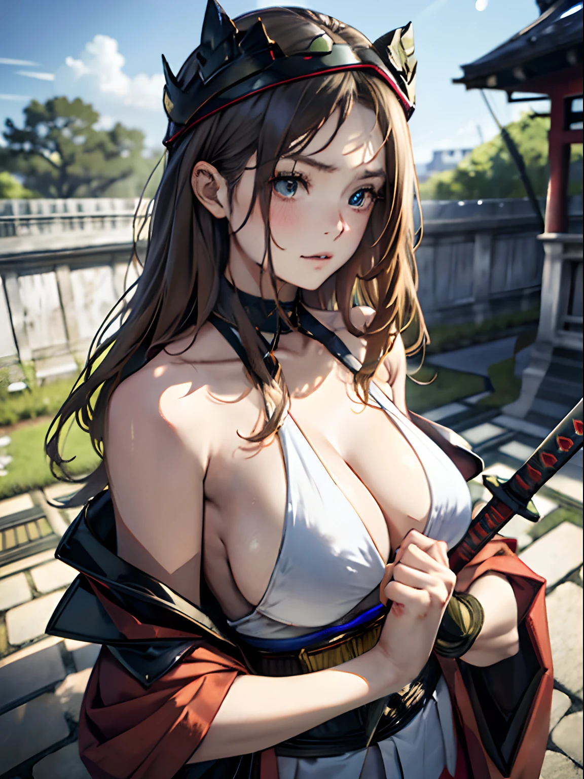 Fight the enemy、Girl in Red Armor、red kimono、Japanese sword in hand、Japan red armor on the torso、Red iron breastplate on the chest、Red helmet on the head